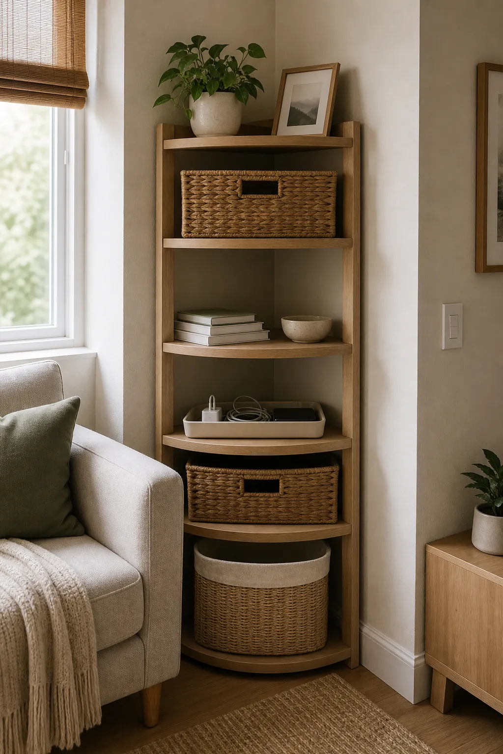 Organized corner storage with baskets to prevent clutter creep