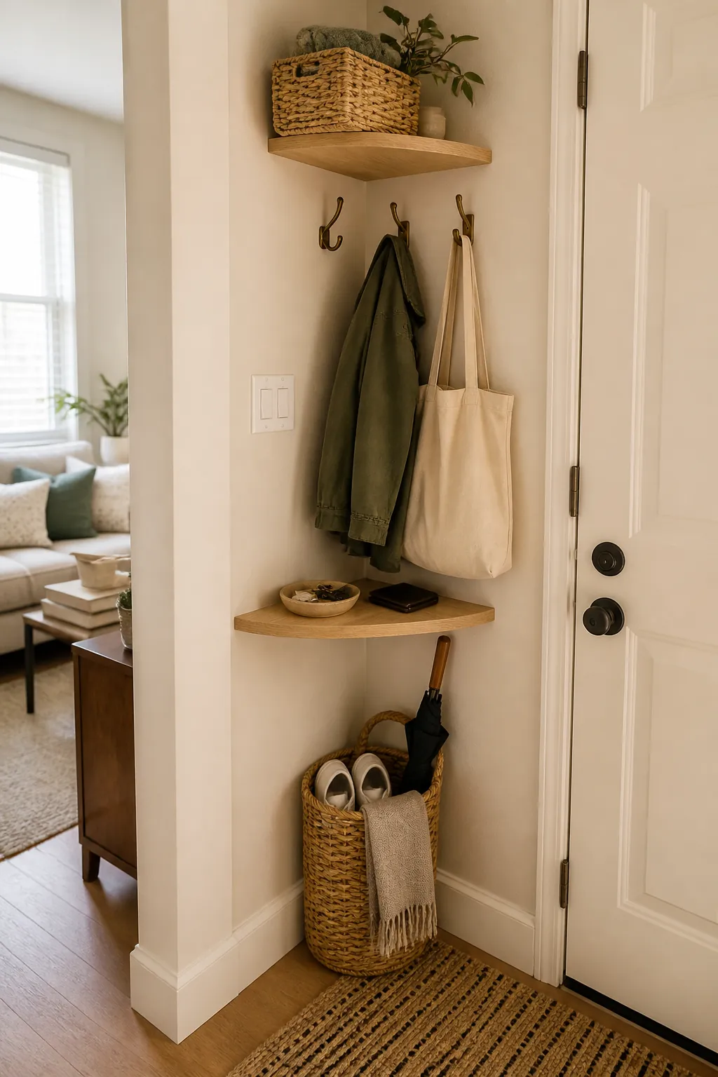 Small entryway corner with woven basket, hooks and shelf