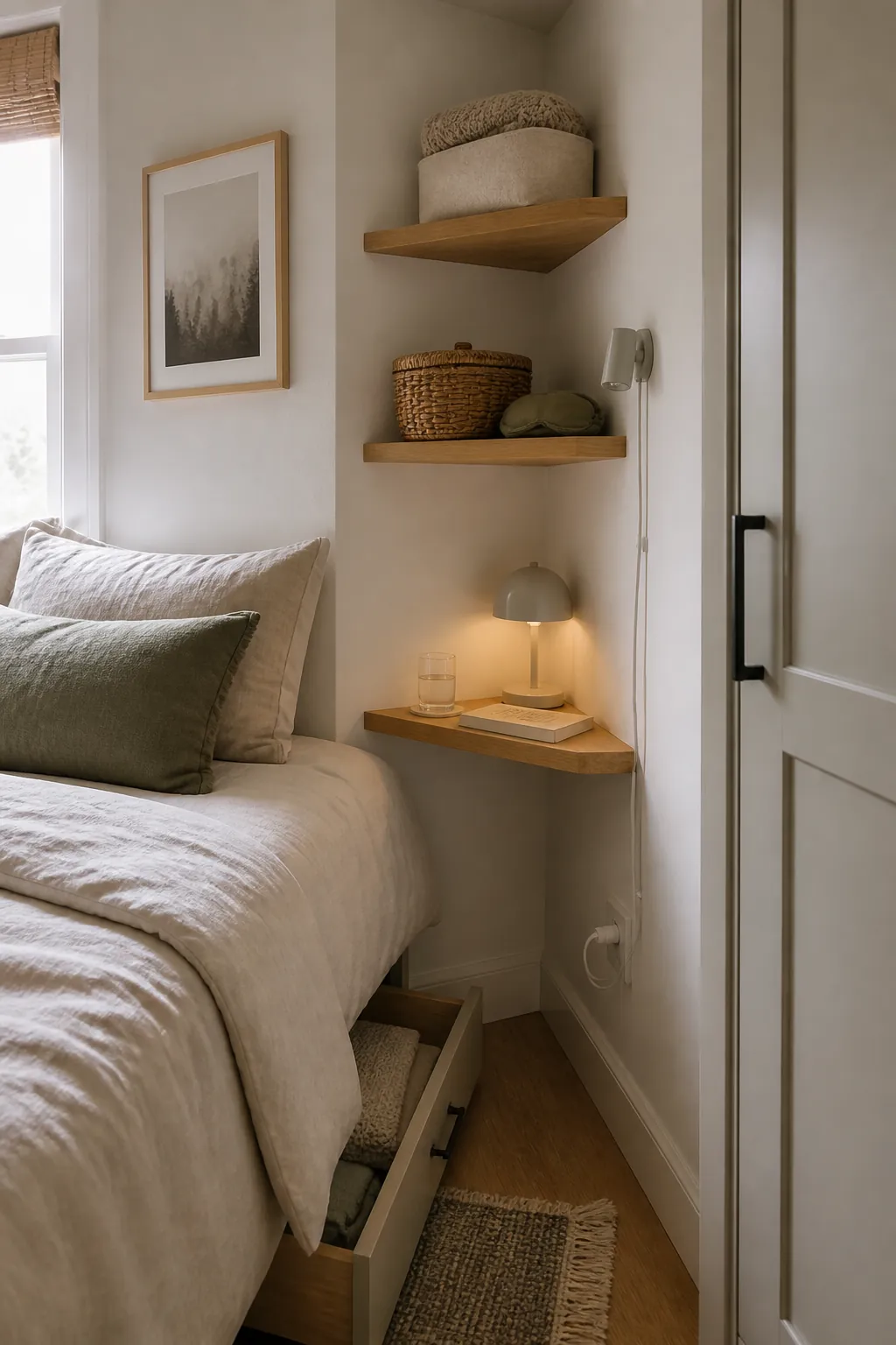 Floating corner shelves used as a small bedroom nightstand replacement