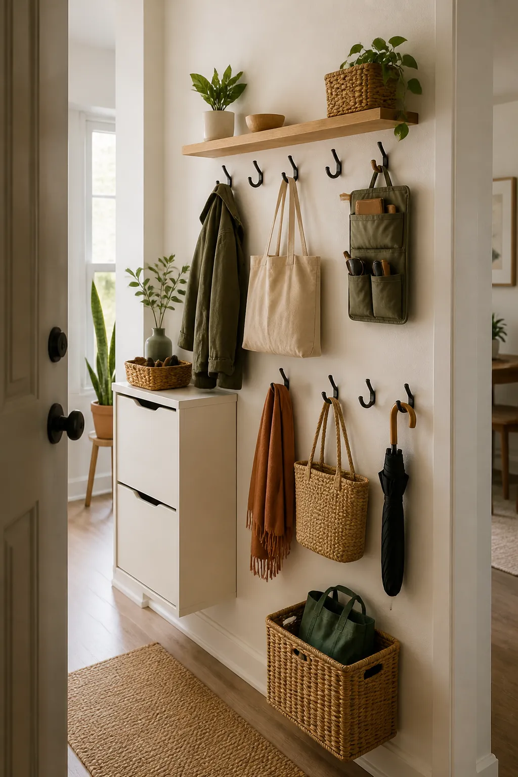 Small entryway wall mounted storage with hooks, shelf, baskets, and shoe cabinet