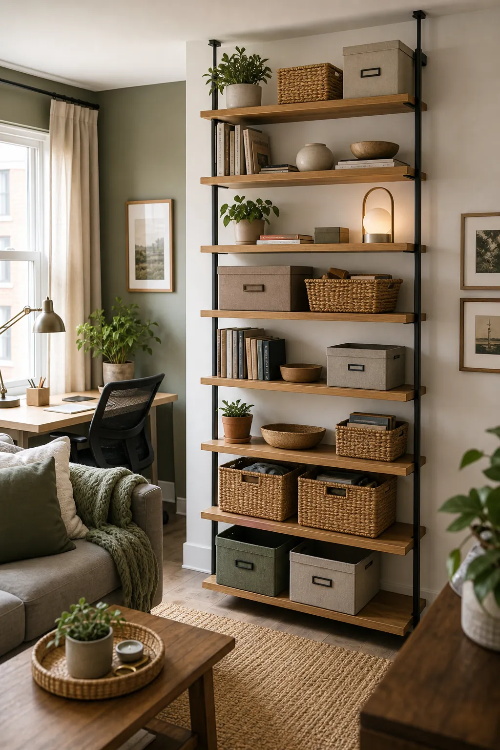 Tall shallow shelves in a small living room used for books, baskets, office supplies, and decor