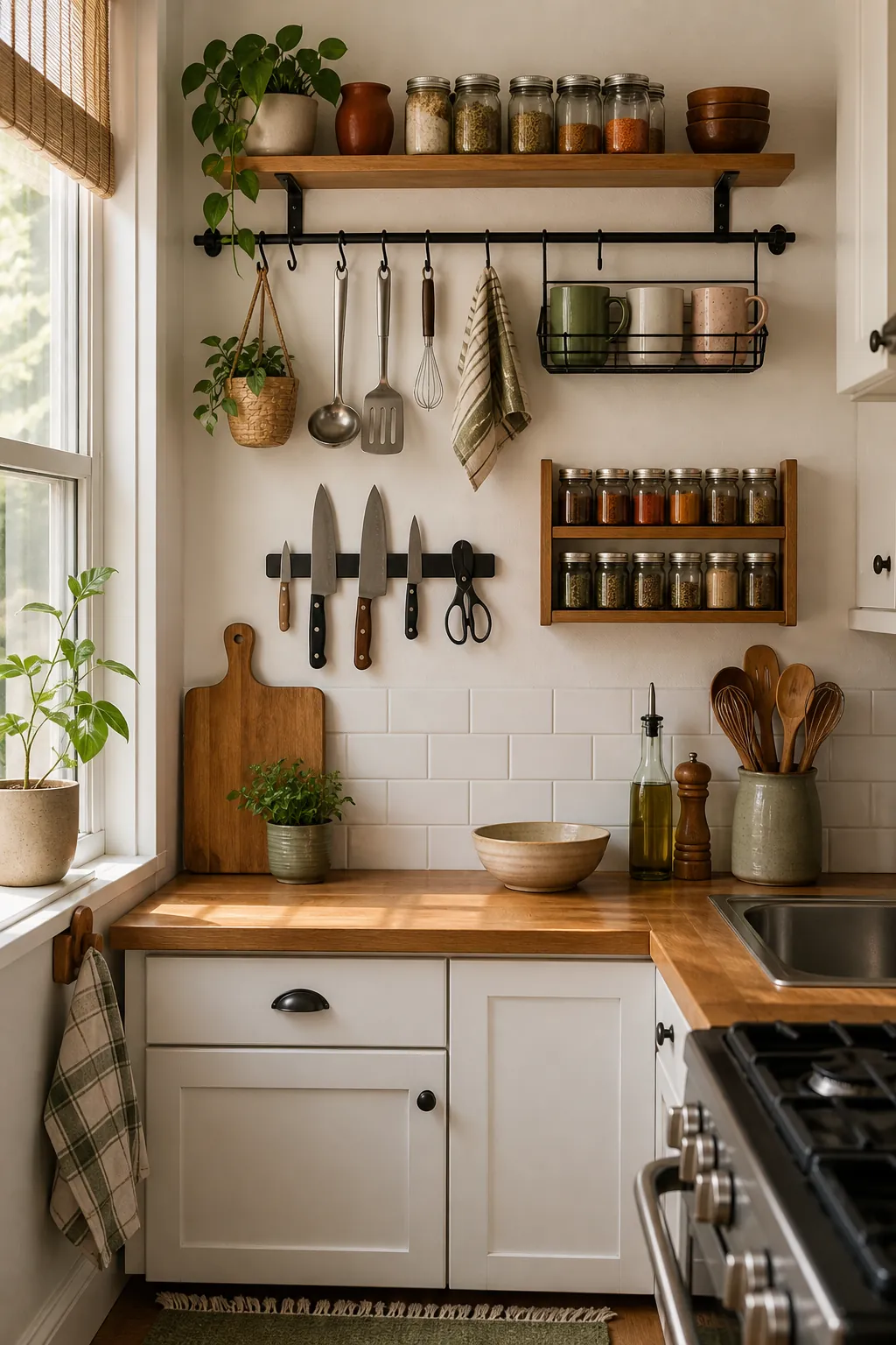 Small kitchen wall storage rail with hooks, spices, mugs, and clear counter space