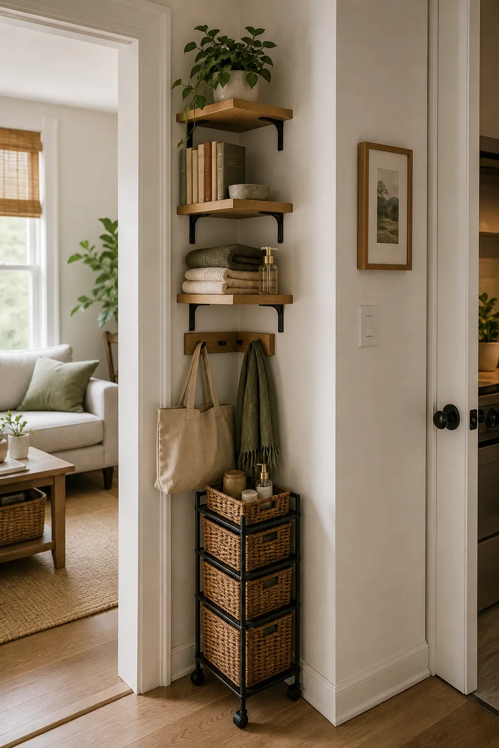 Corner wall storage in a small apartment with narrow shelves, baskets, and organized everyday items