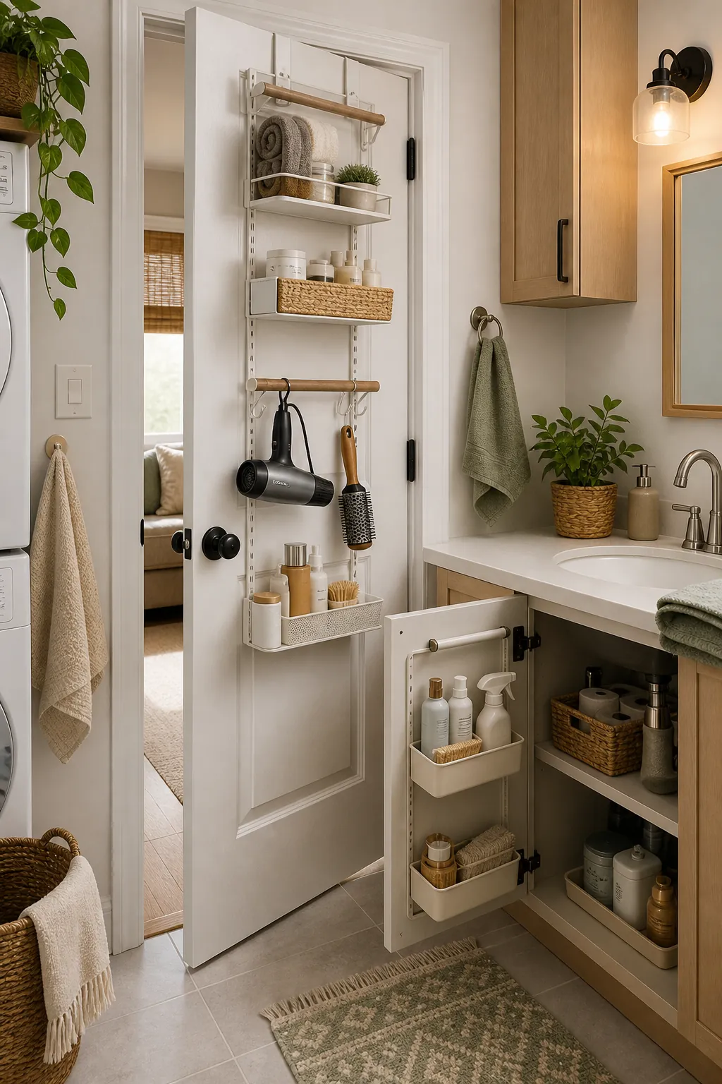 Vertical storage on a door and cabinet interior for toiletries, cleaning supplies, and small home organization