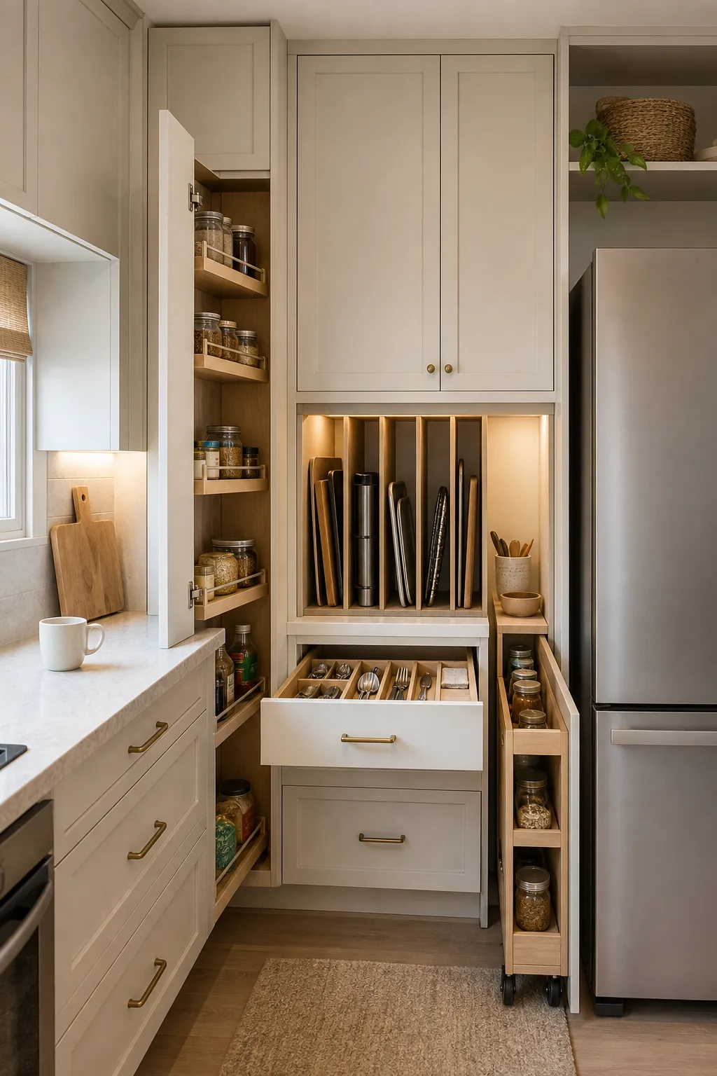 Compact kitchen with hidden vertical storage and organized shelves