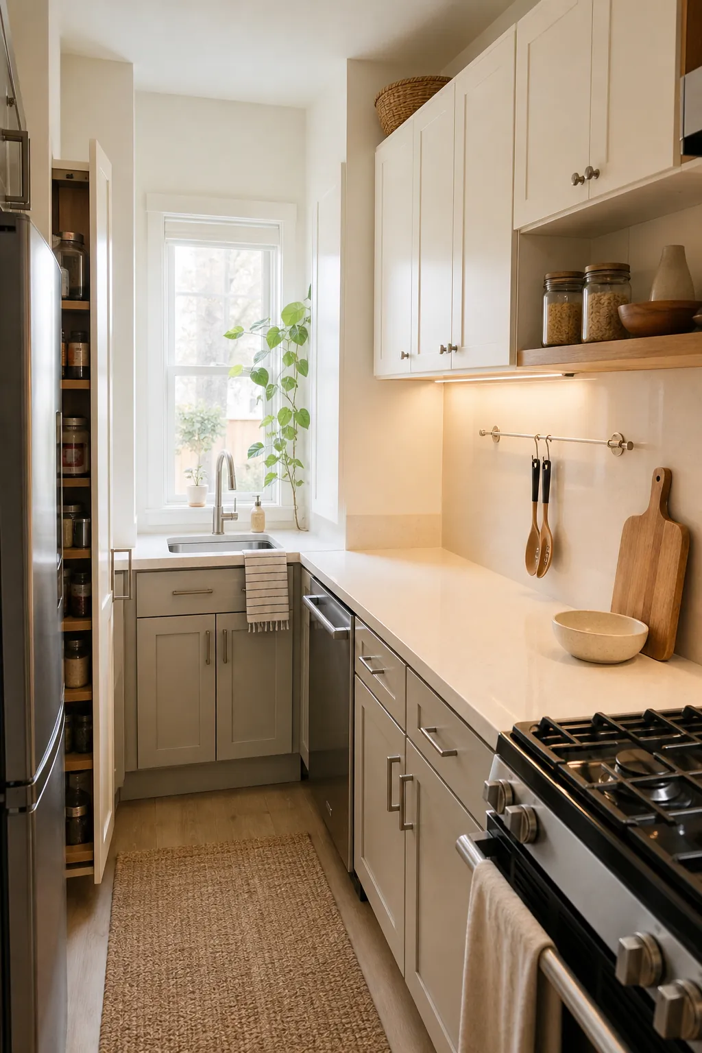 Small kitchen with light colors, smart storage, and warm natural textures