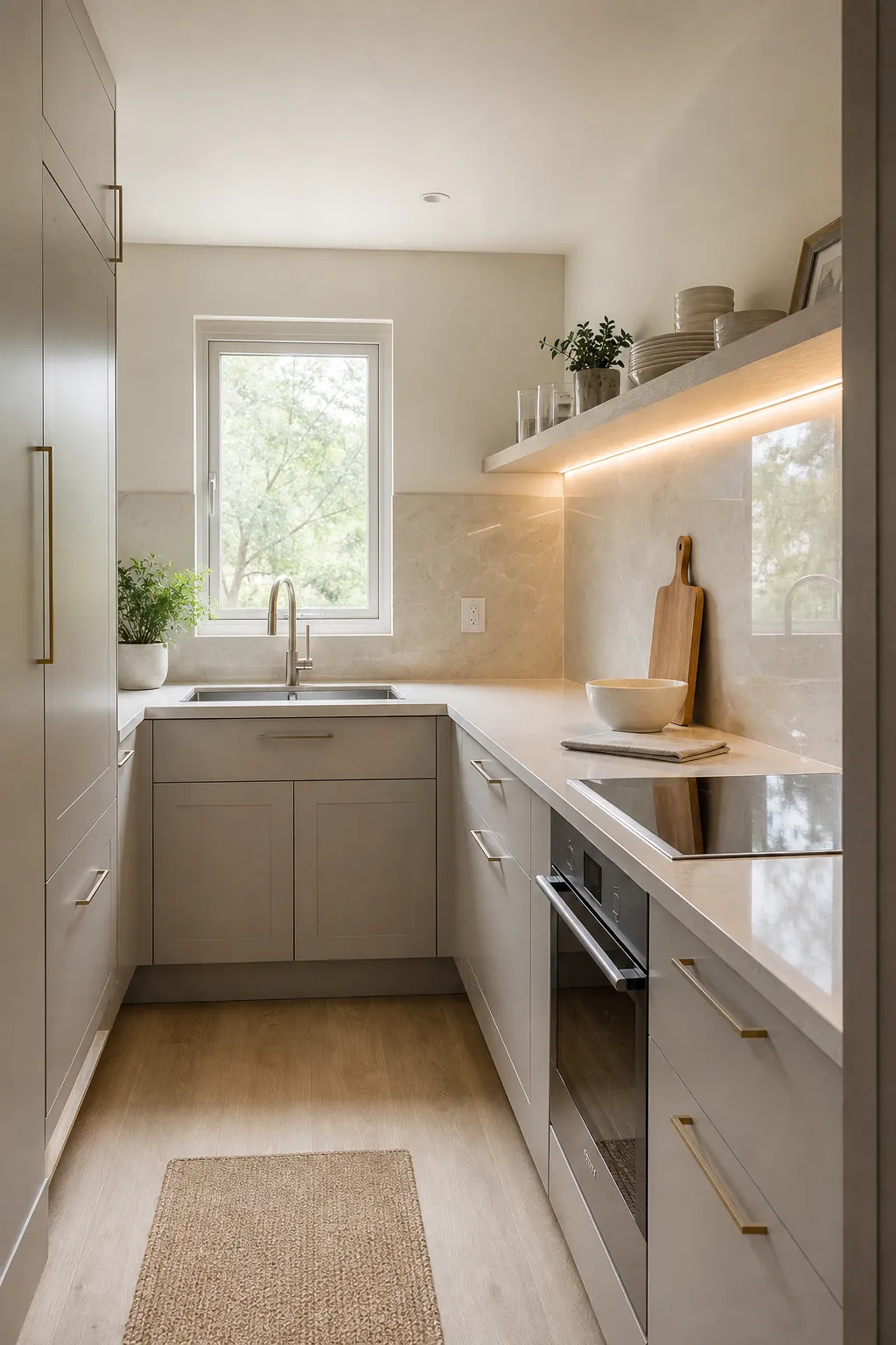 Small kitchen with light colors and continuous backsplash sightlines