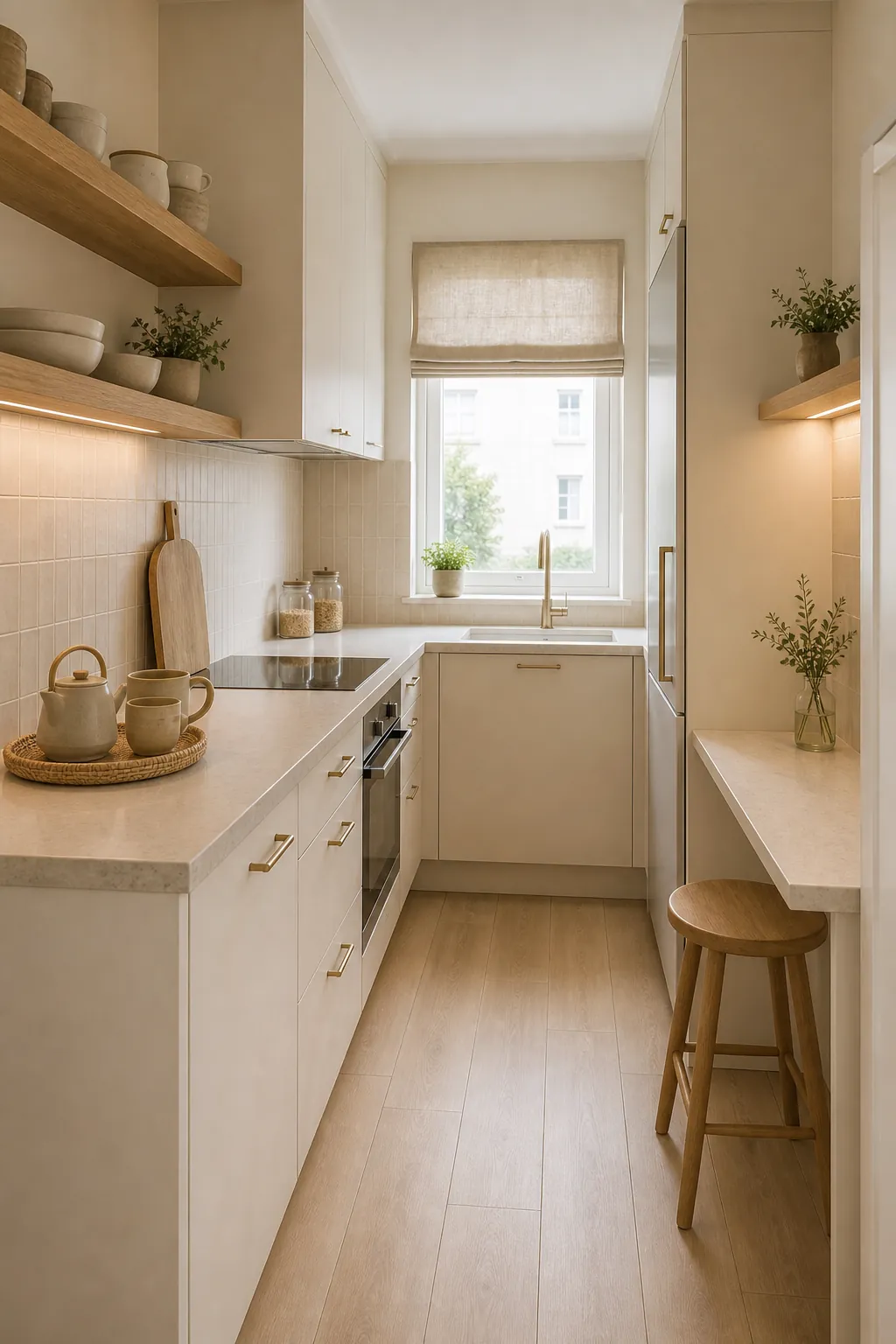 Compact kitchen using a warm tonal color palette to feel open