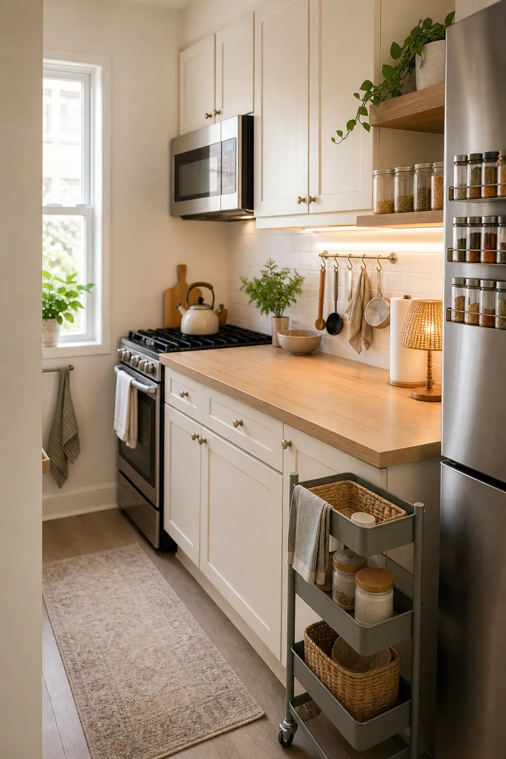 Small kitchen organization with clear counters and useful wall storage