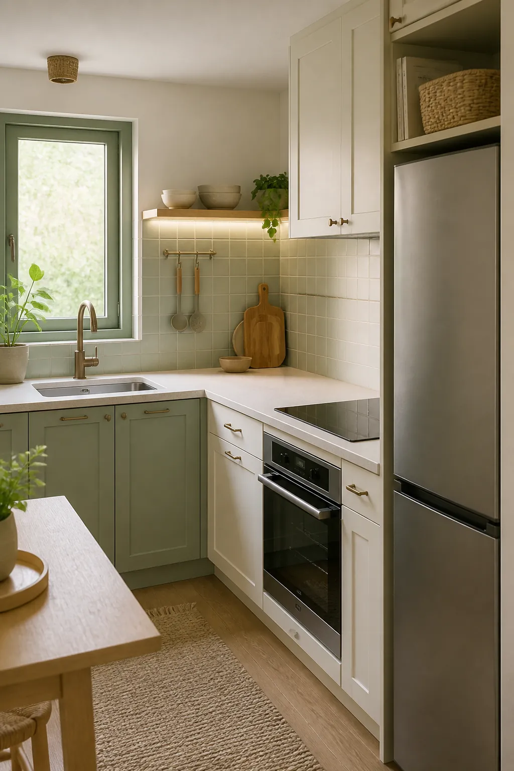 Small kitchen with soft sage color accents and open storage