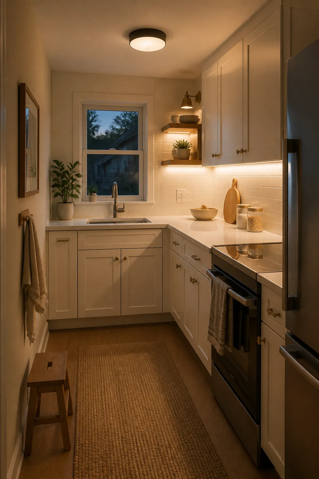Small kitchen with layered lighting that brightens counters and corners