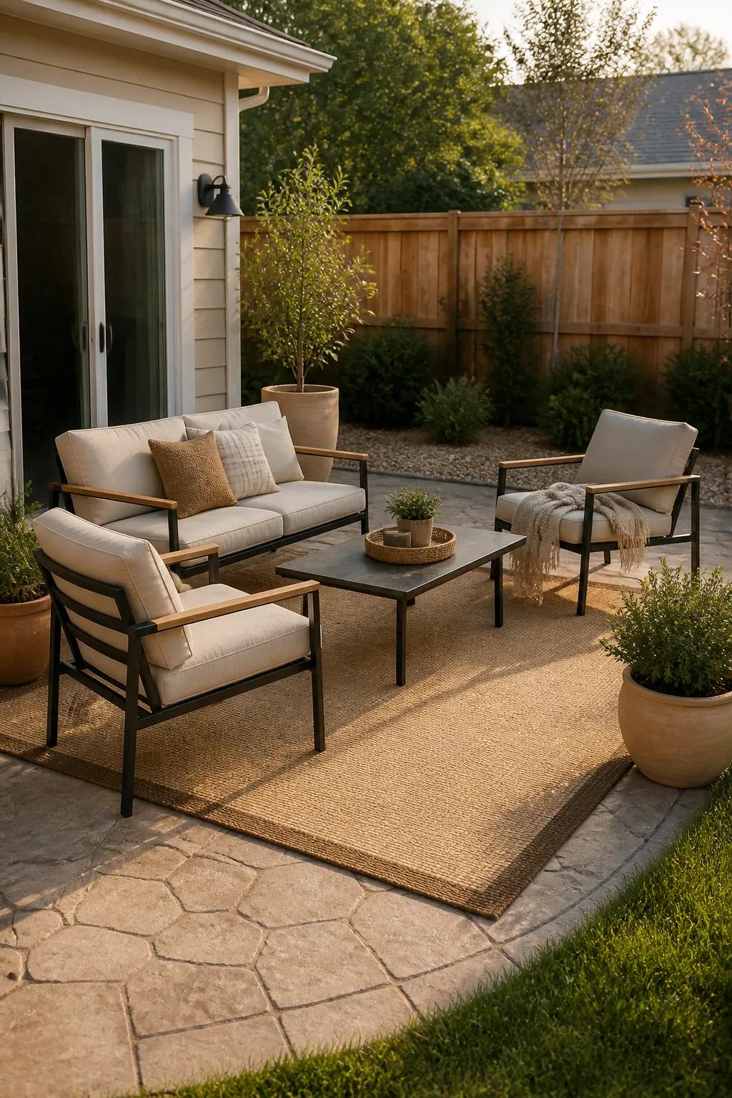 Backyard decor with outdoor rug layered under a cozy patio lounge zone