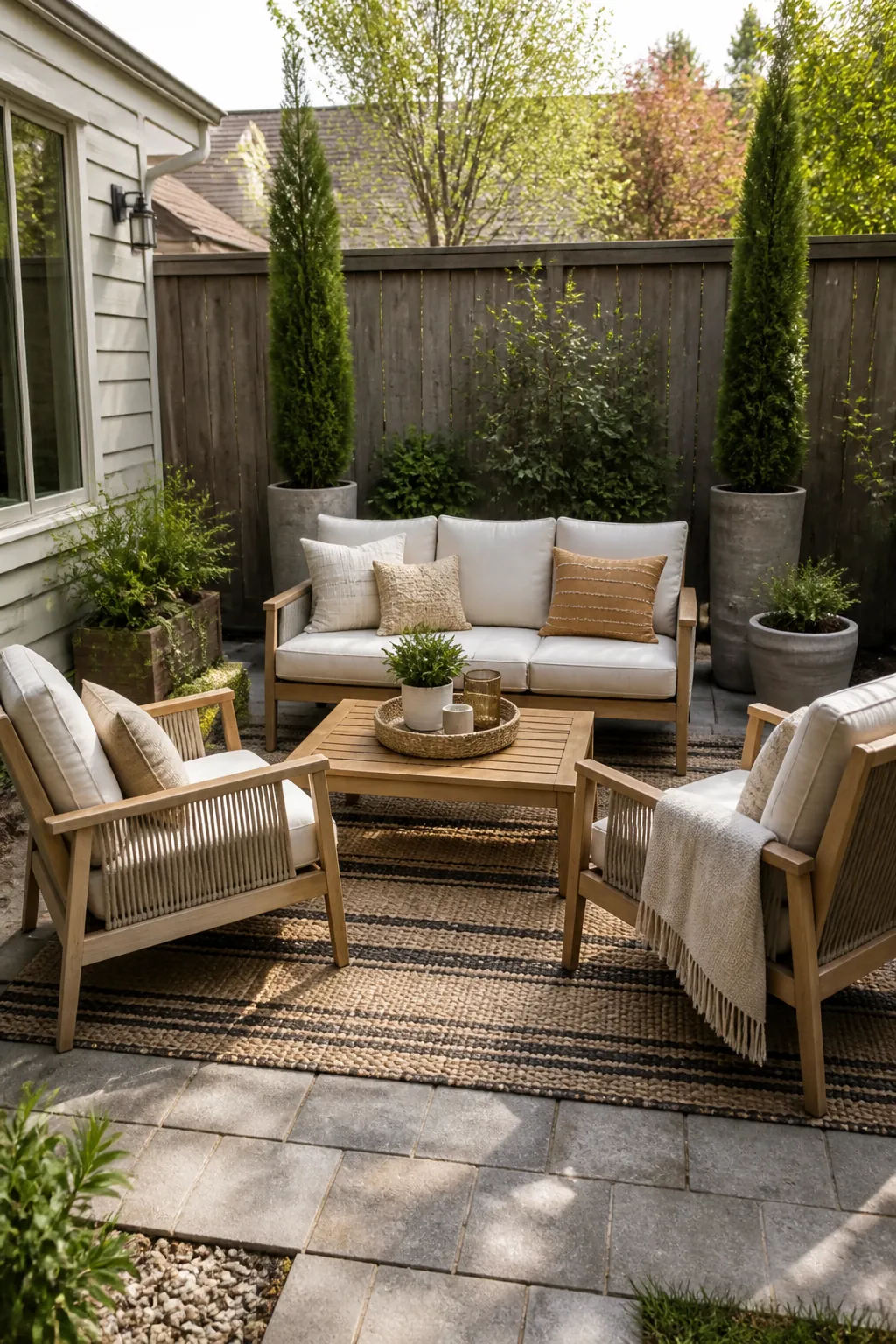 Outdoor decor ideas for a backyard seating area with warm natural textures
