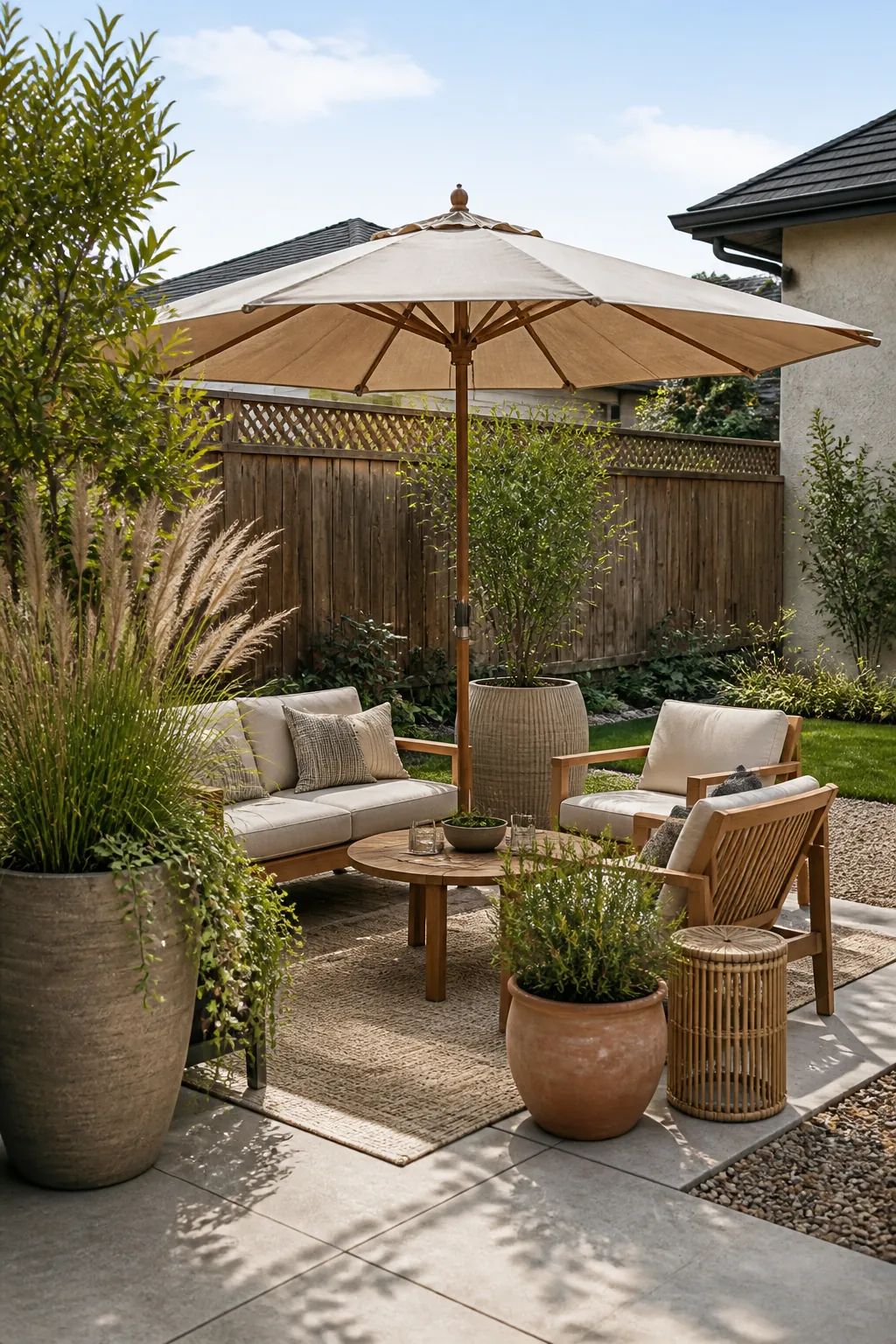 Patio styling with tall planters shade umbrella and natural backyard greenery