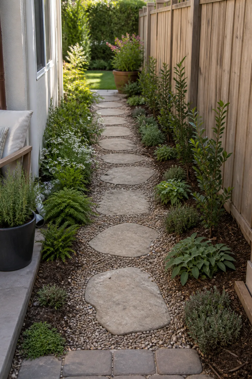 Backyard ideas for an intentional stepping stone path with garden edging