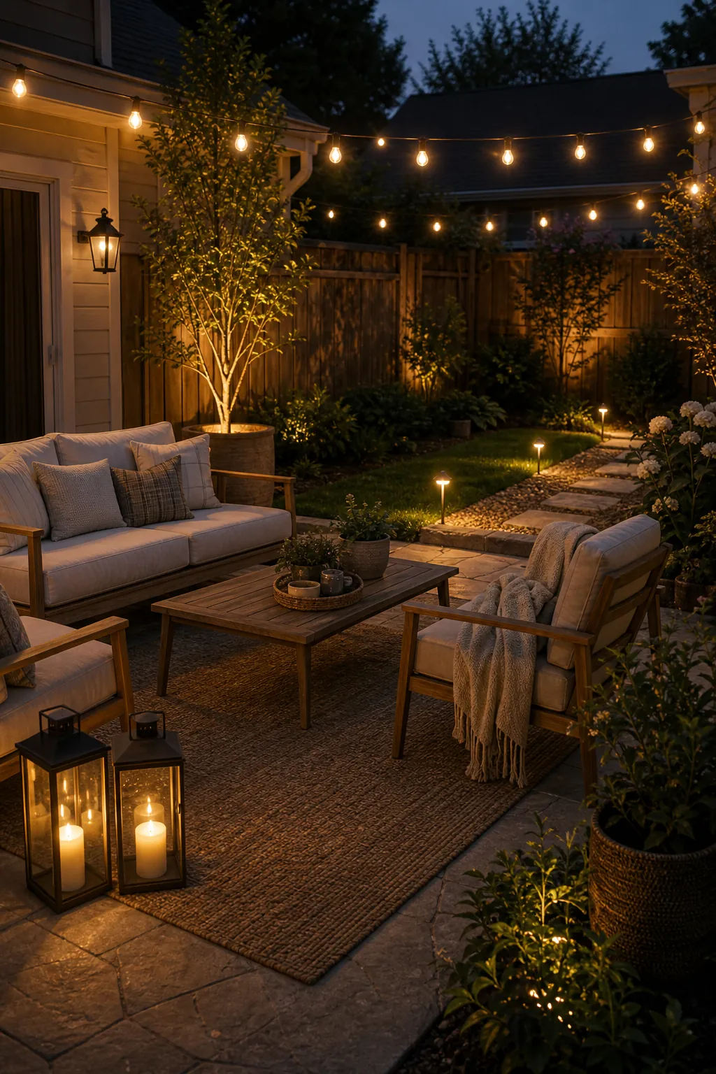 Family backyard with layered evening lighting patio decor and outdoor seating
