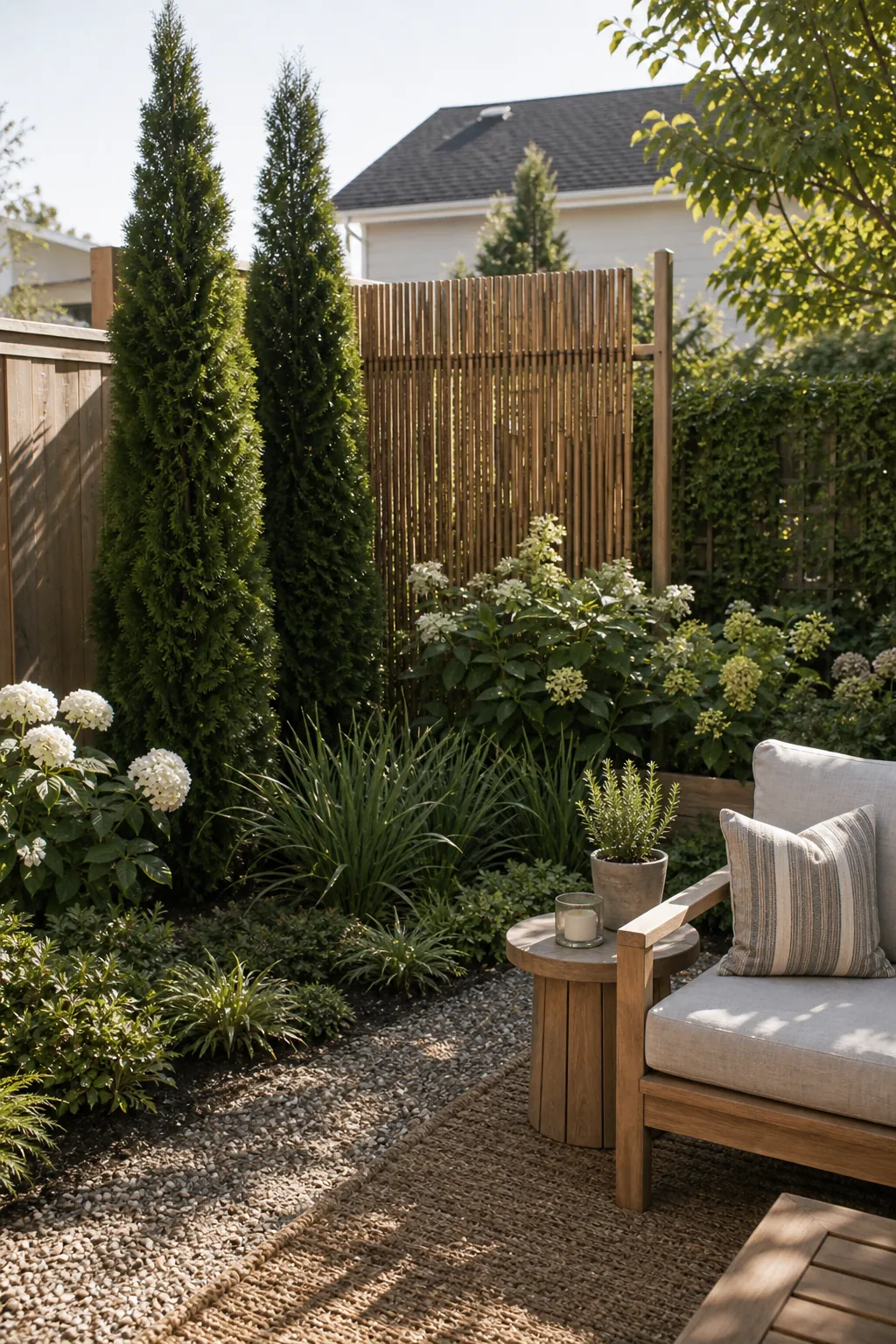 Privacy ideas with layered backyard screen planting beside an outdoor seating area