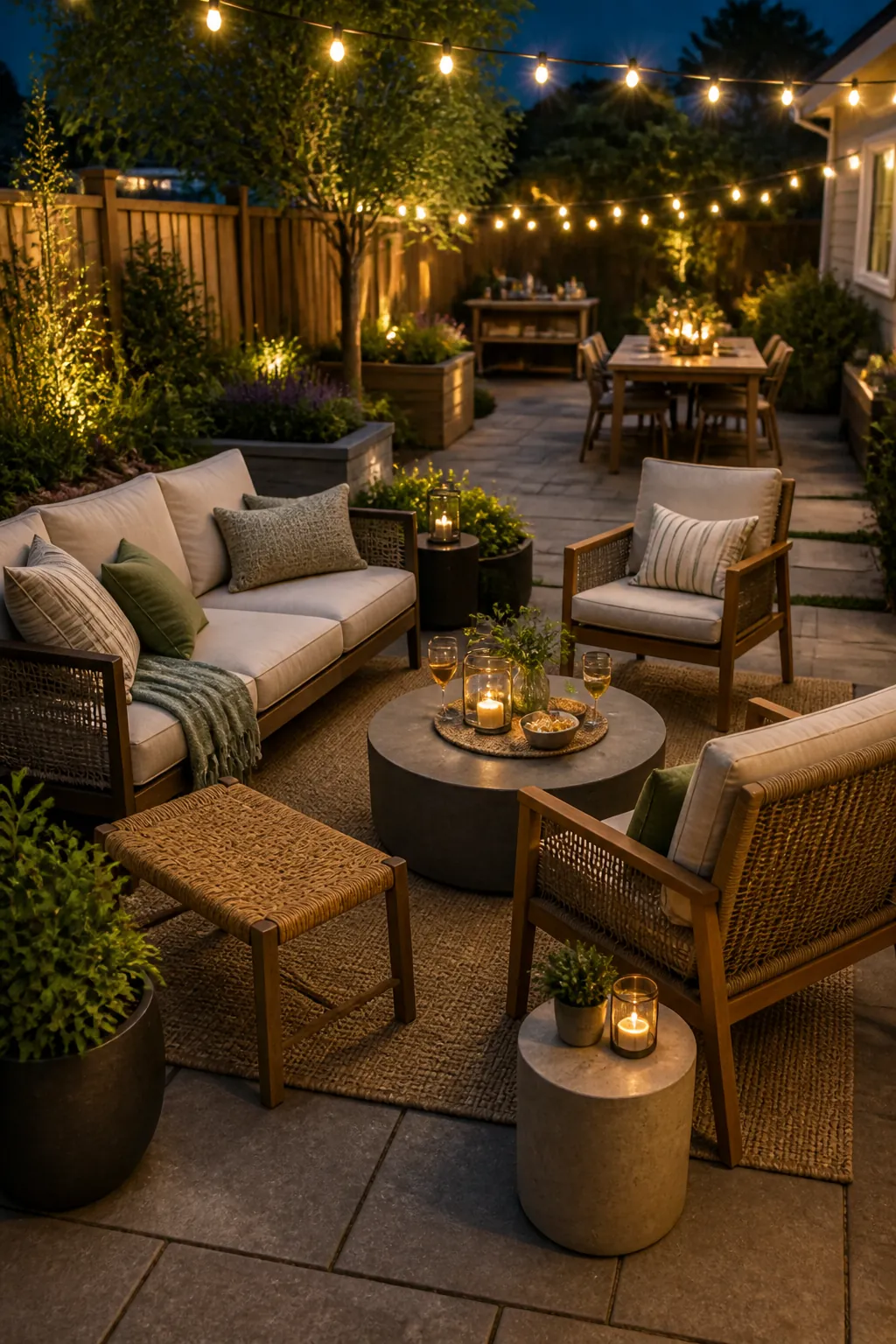 Backyard conversation seating arranged inward for relaxed outdoor entertaining