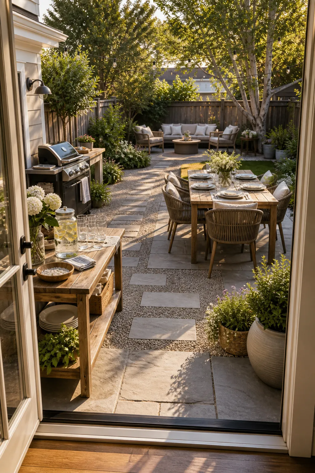 Backyard layout with clear guest flow from house to dining and lounge zones