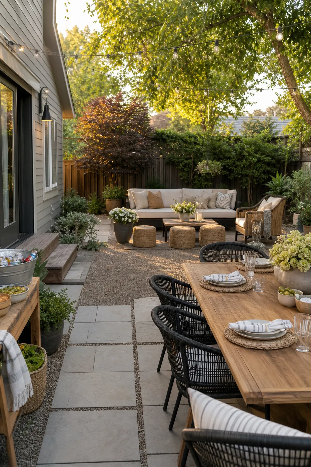 Backyard layout designed for relaxed outdoor entertaining with dining lounge and garden zones