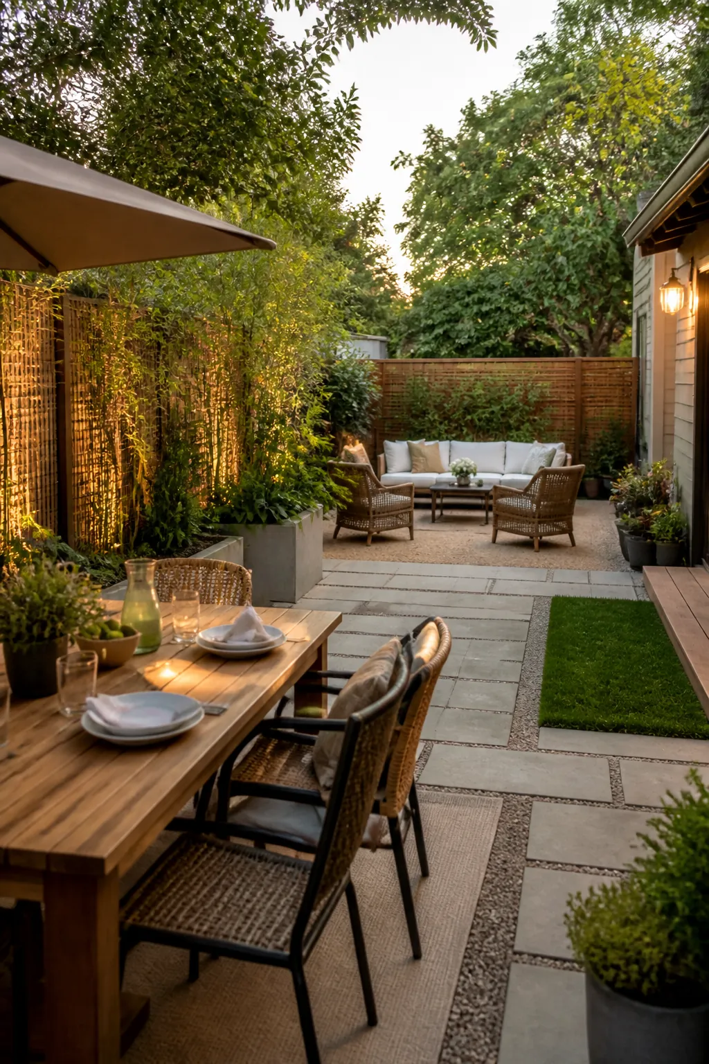 Three outdoor zones for backyard hosting with dining lounge and garden boundaries