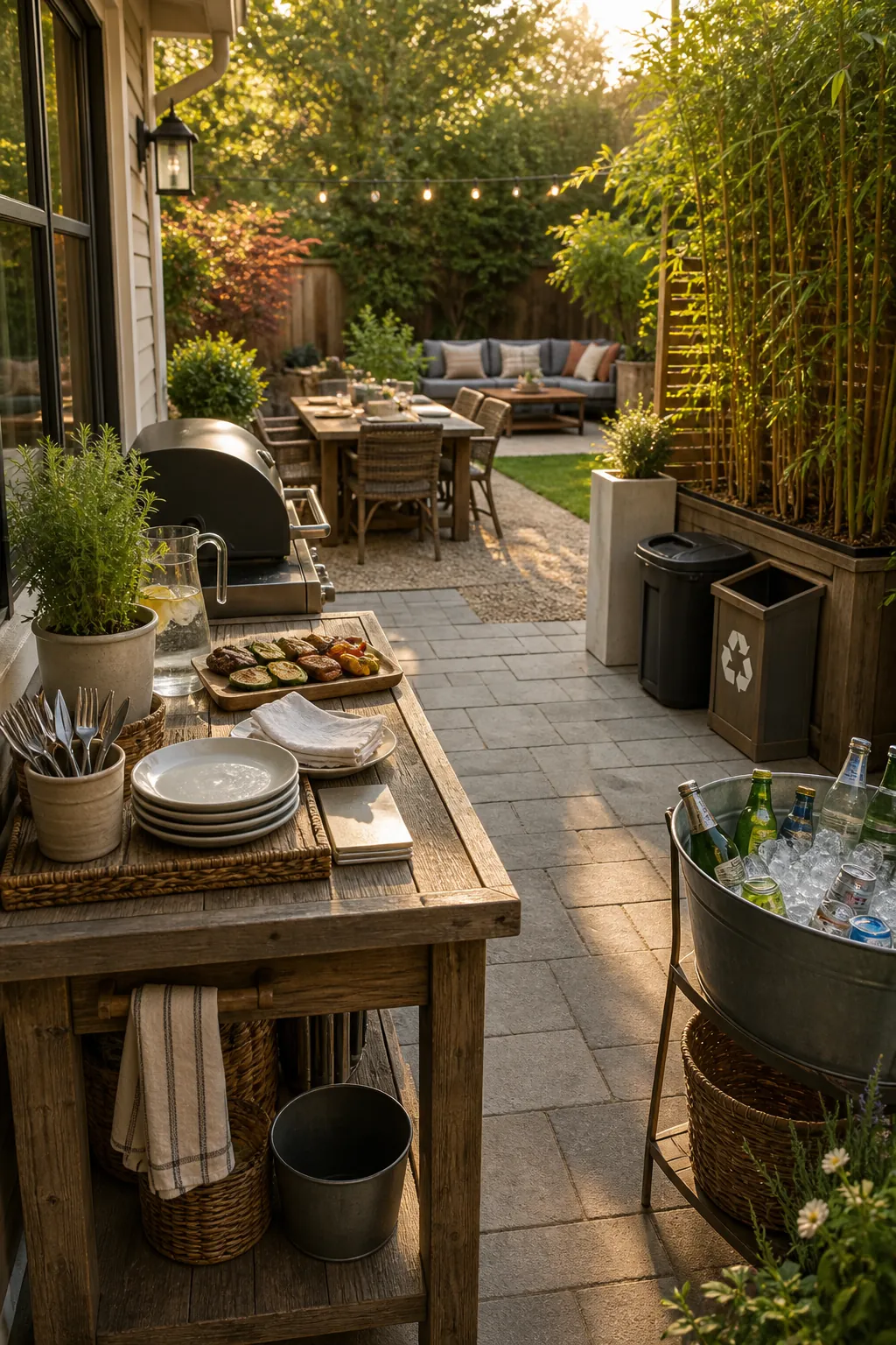 Backyard serving station with drinks and cleanup arranged for easy hosting
