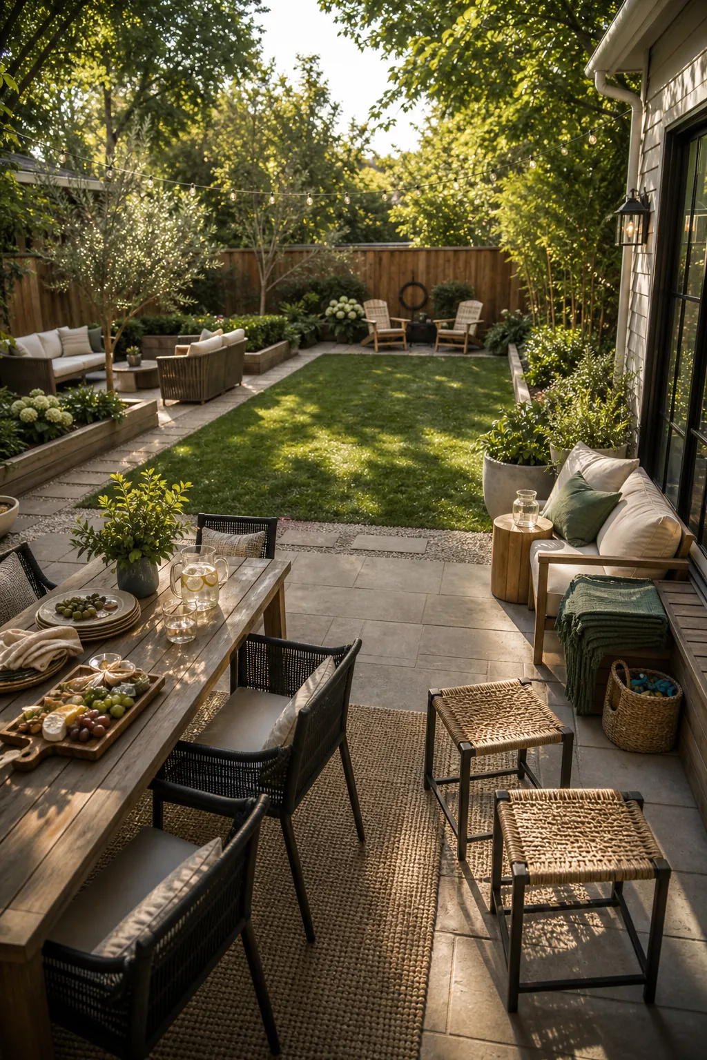 Family backyard with flexible open zone for kids extra seating and summer party movement