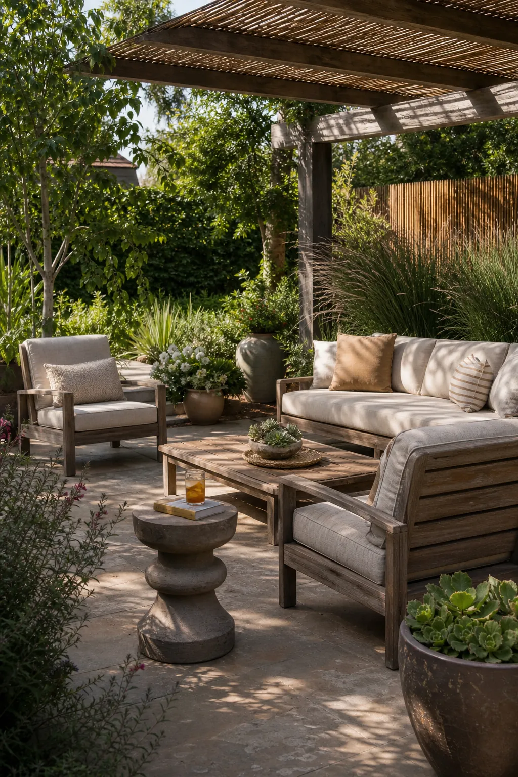 Relaxing garden seating area with natural outdoor furniture, layered planting, shade, and privacy