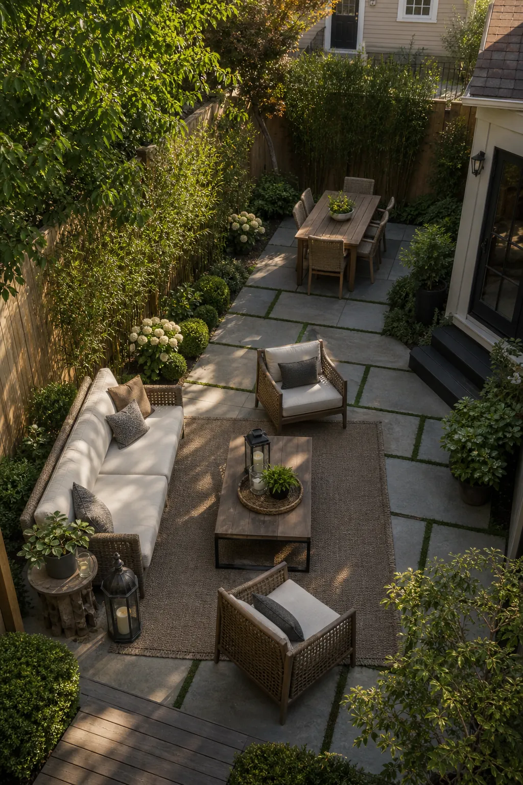 Outdoor seating layout planned with clear walking paths between a patio, garden beds, and dining space