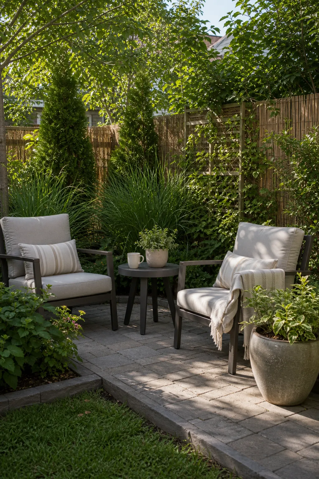 Relaxing garden seating area with outdoor chairs, layered planting, and natural privacy screening