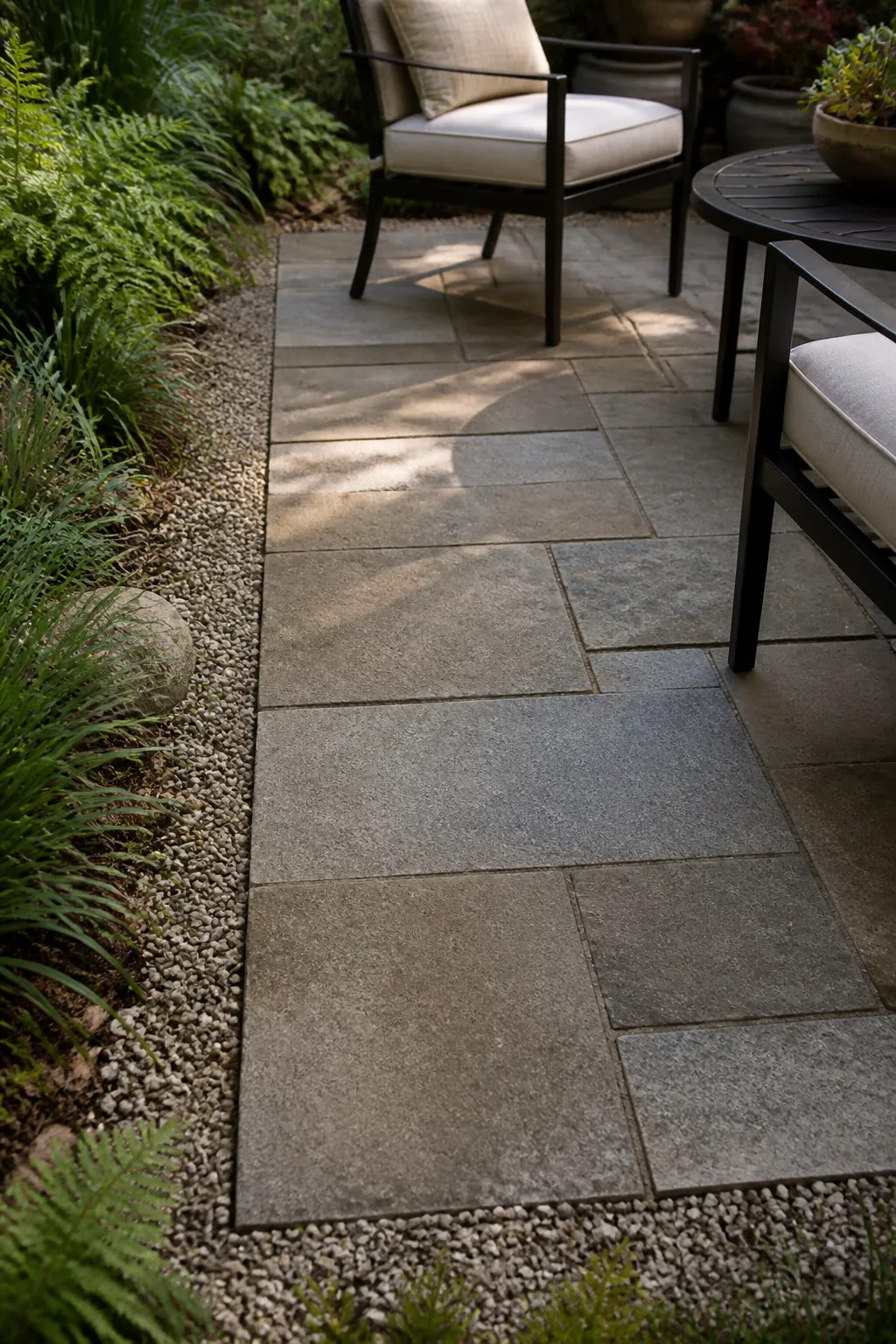 Stable garden seating area base with pavers, compacted gravel edges, outdoor chairs, and planting