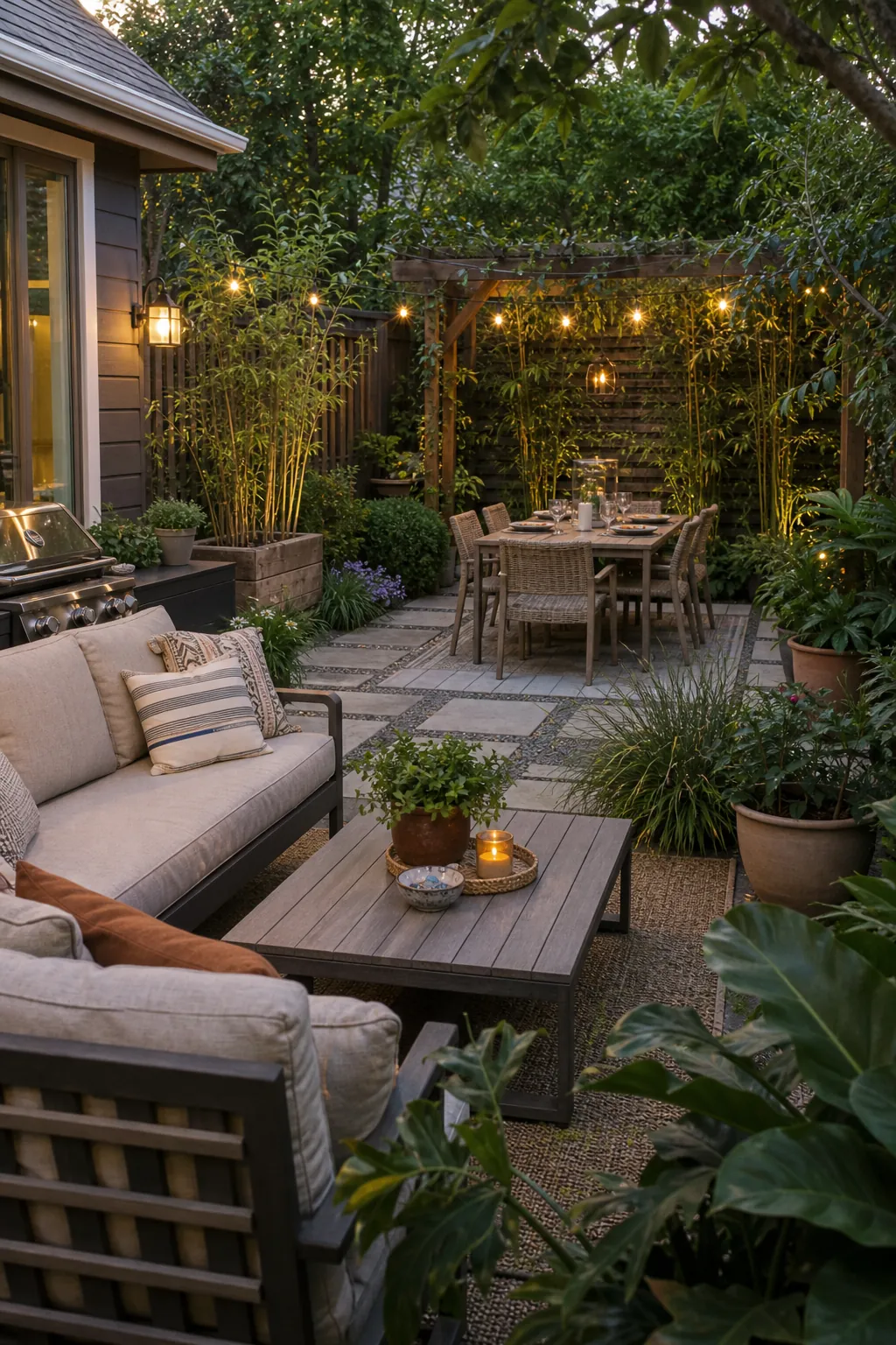 Family backyard with separate garden seating and outdoor dining zones connected by planting and a clear path
