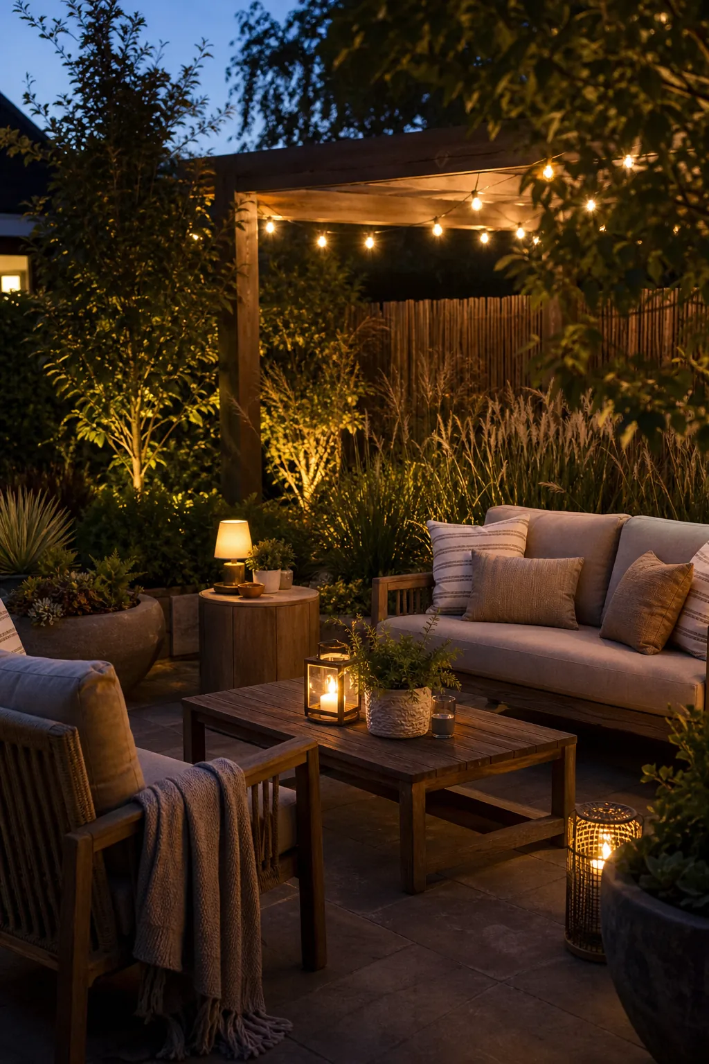 Evening garden seating area with warm lighting, cushions, side tables, and relaxed outdoor living details
