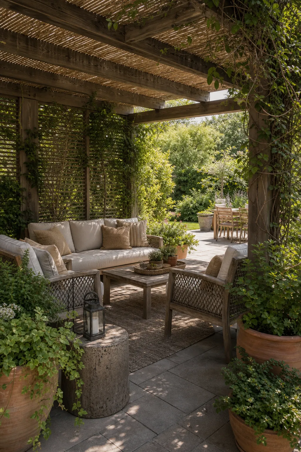 Garden seating area under a light pergola with bamboo screens, climbing plants, and soft afternoon shade