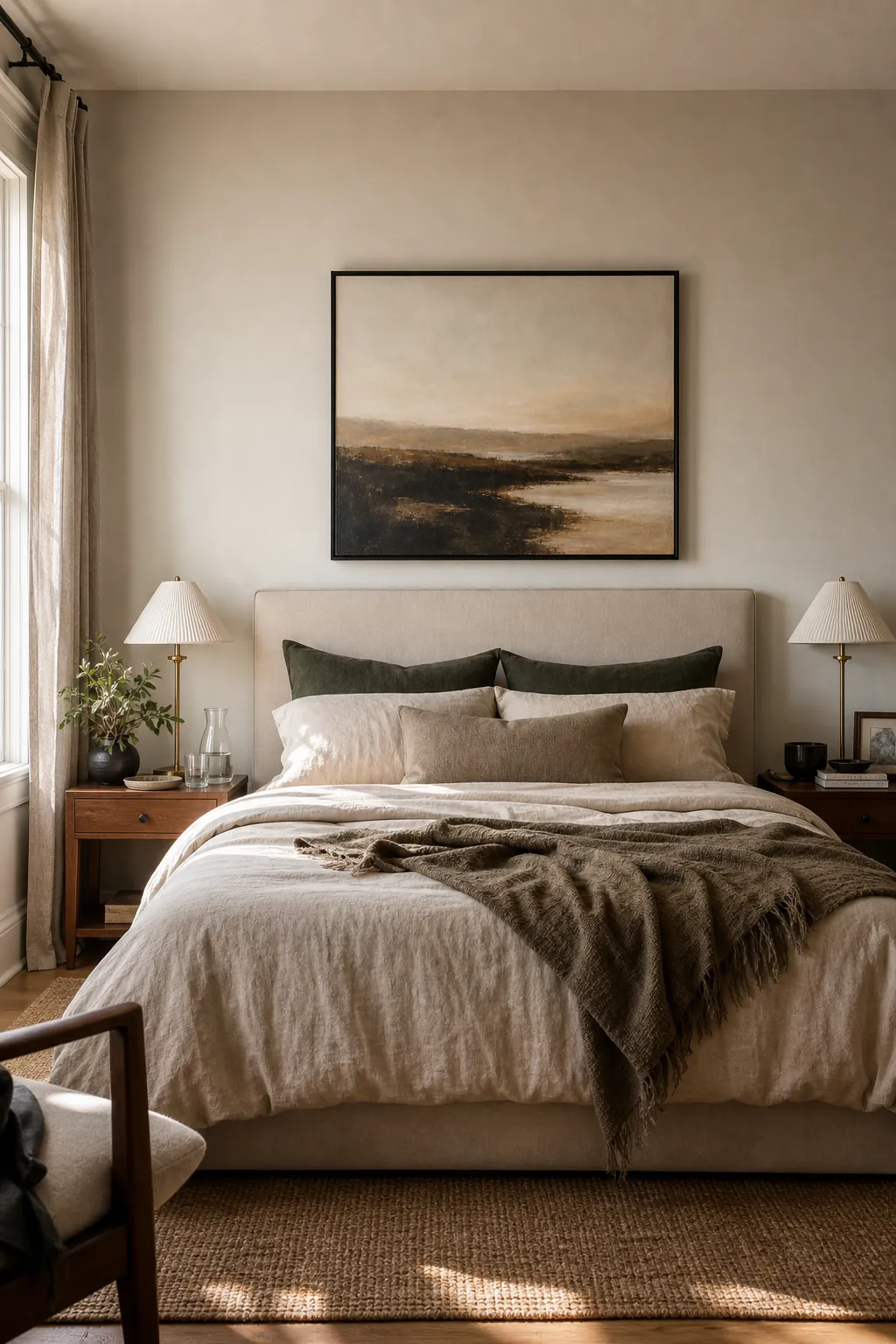 Couple bedroom with warm neutral decor and framed art above the bed