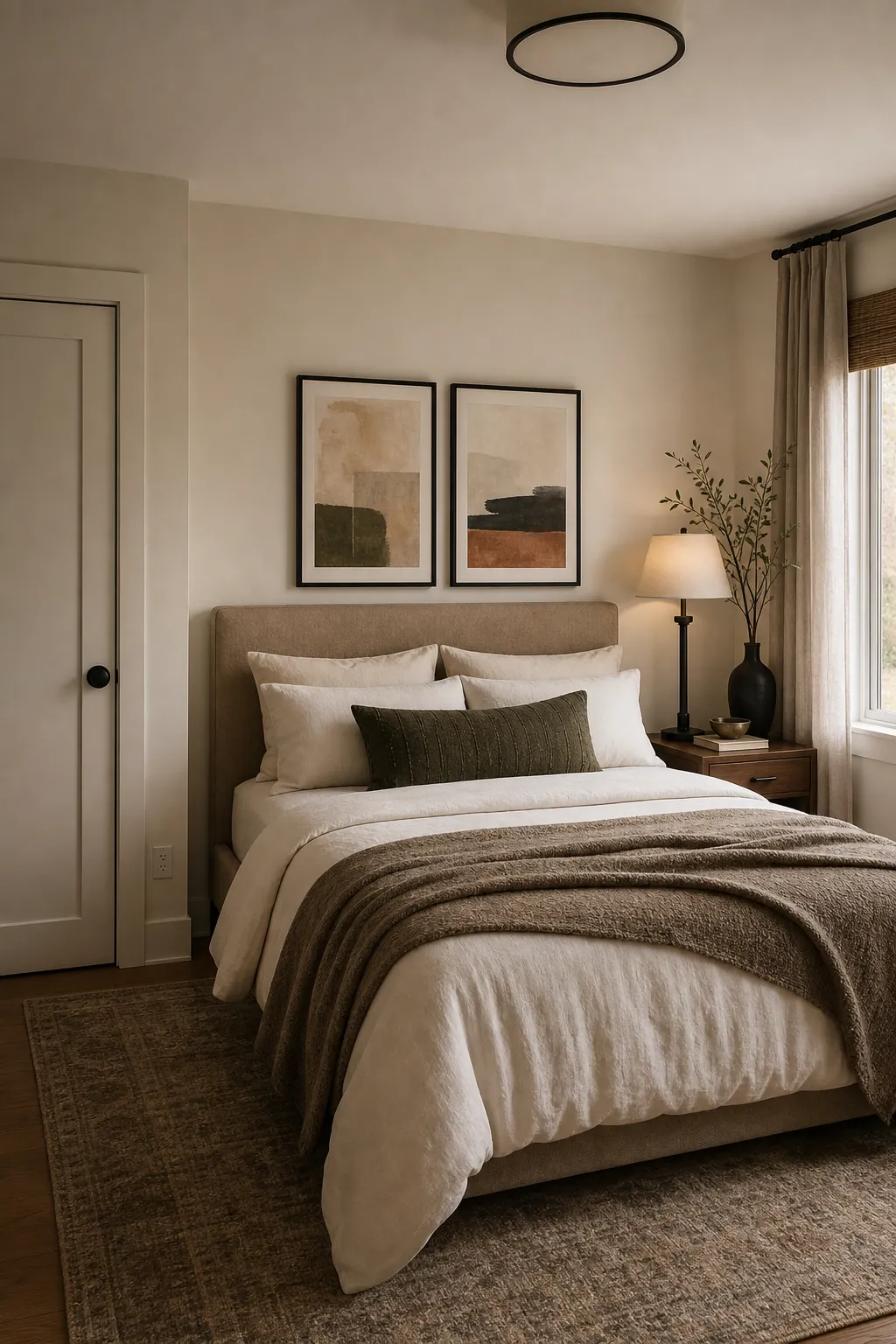 Asymmetrical headboard wall balanced with bedroom wall art