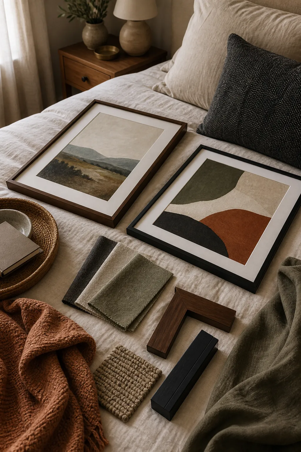 Bedroom art palette with fabric swatches and frame samples