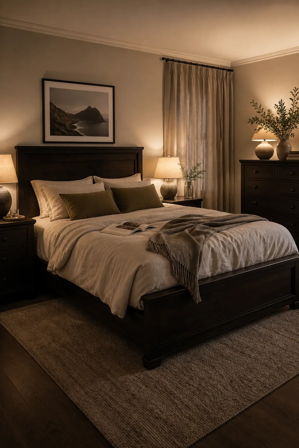 Warm couple bedroom with dark furniture, neutral bedding, layered lighting, and balanced shared decor