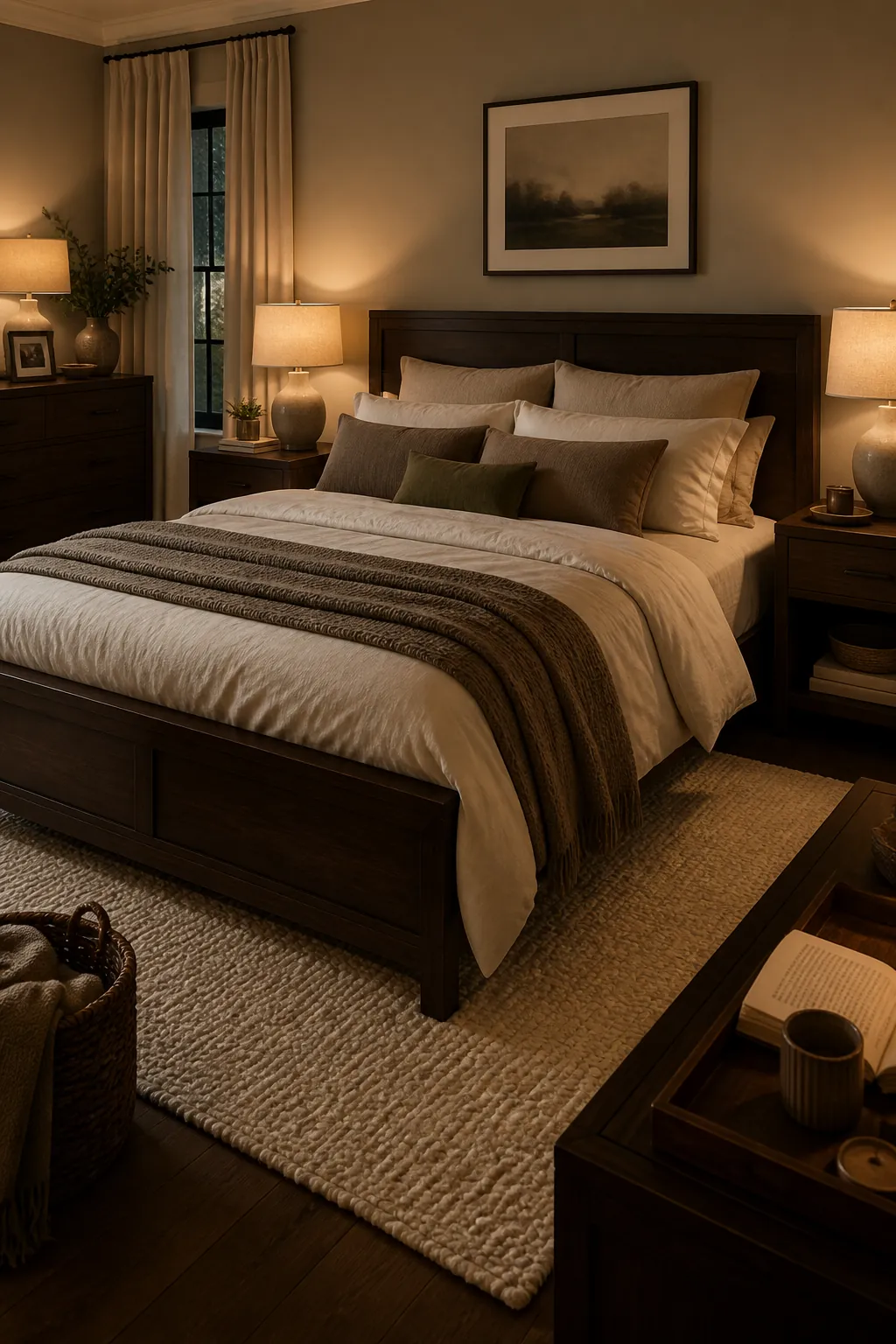 Couple bedroom with dark furniture styled as an intentional warm anchor