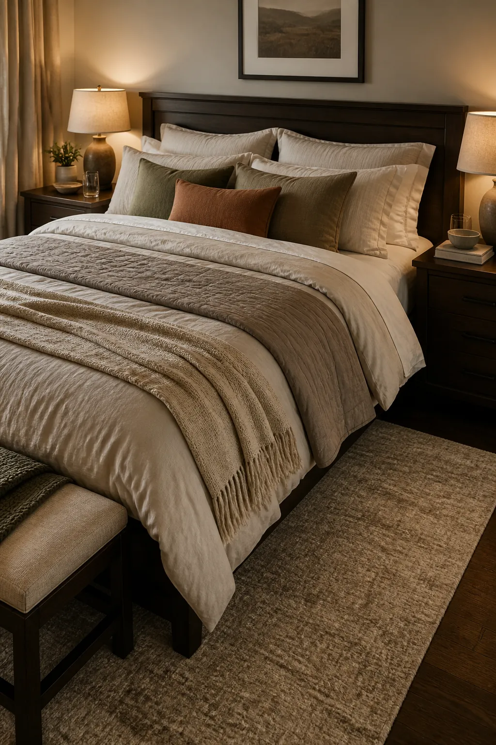 Neutral bedding layered over a dark wood bed frame in a cozy couple bedroom