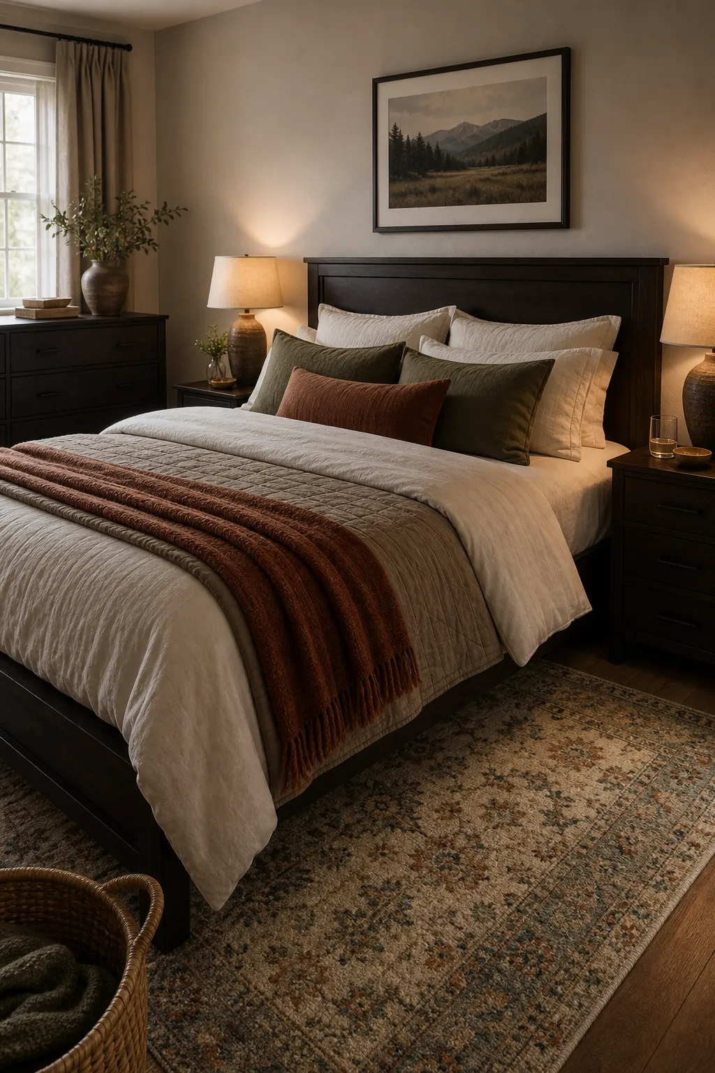 Muted accent colors with dark furniture in a modern cozy bedroom for couples