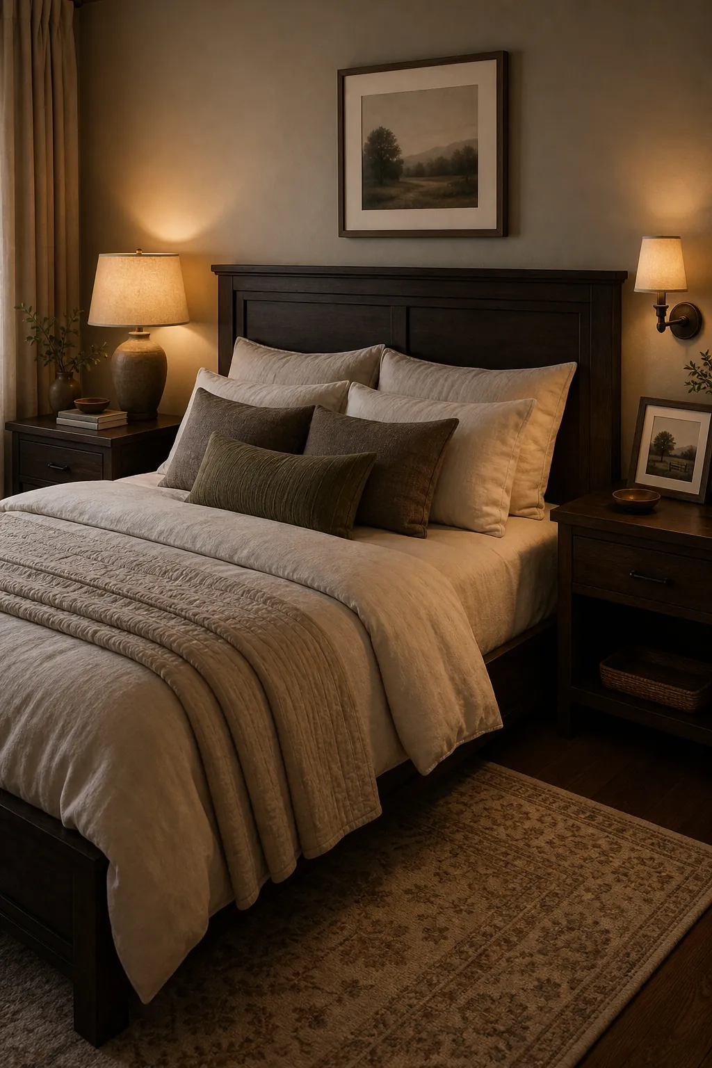 Balanced nightstands with dark furniture in a shared bedroom for couples