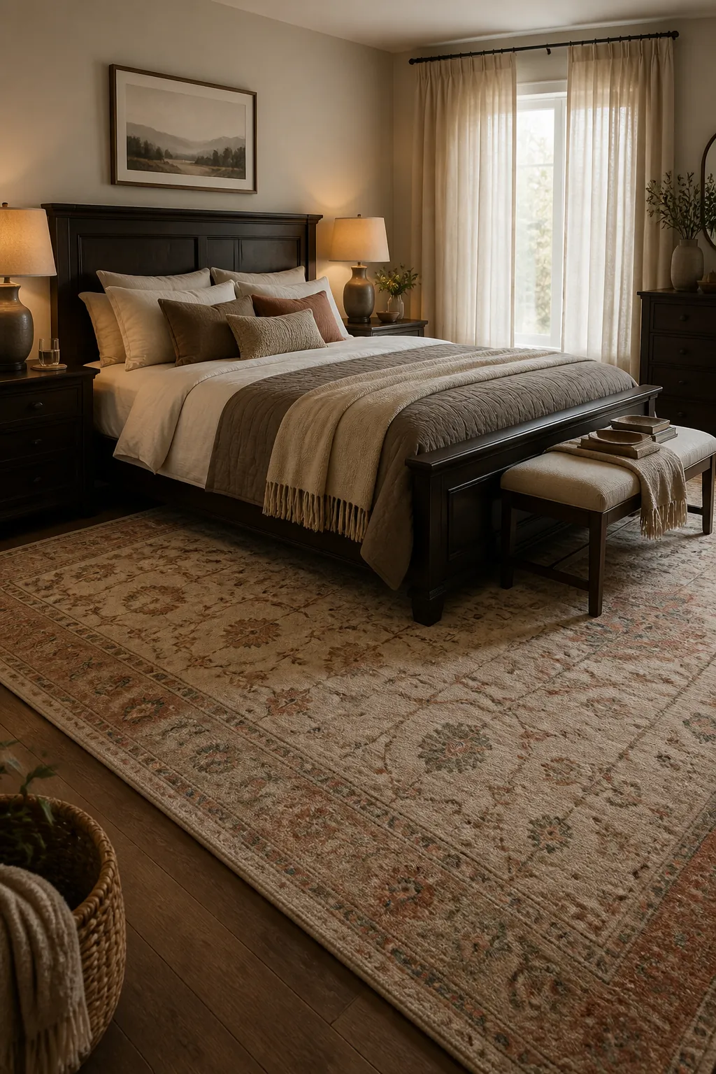 Large rug and soft curtains balancing dark furniture in a modern couple bedroom