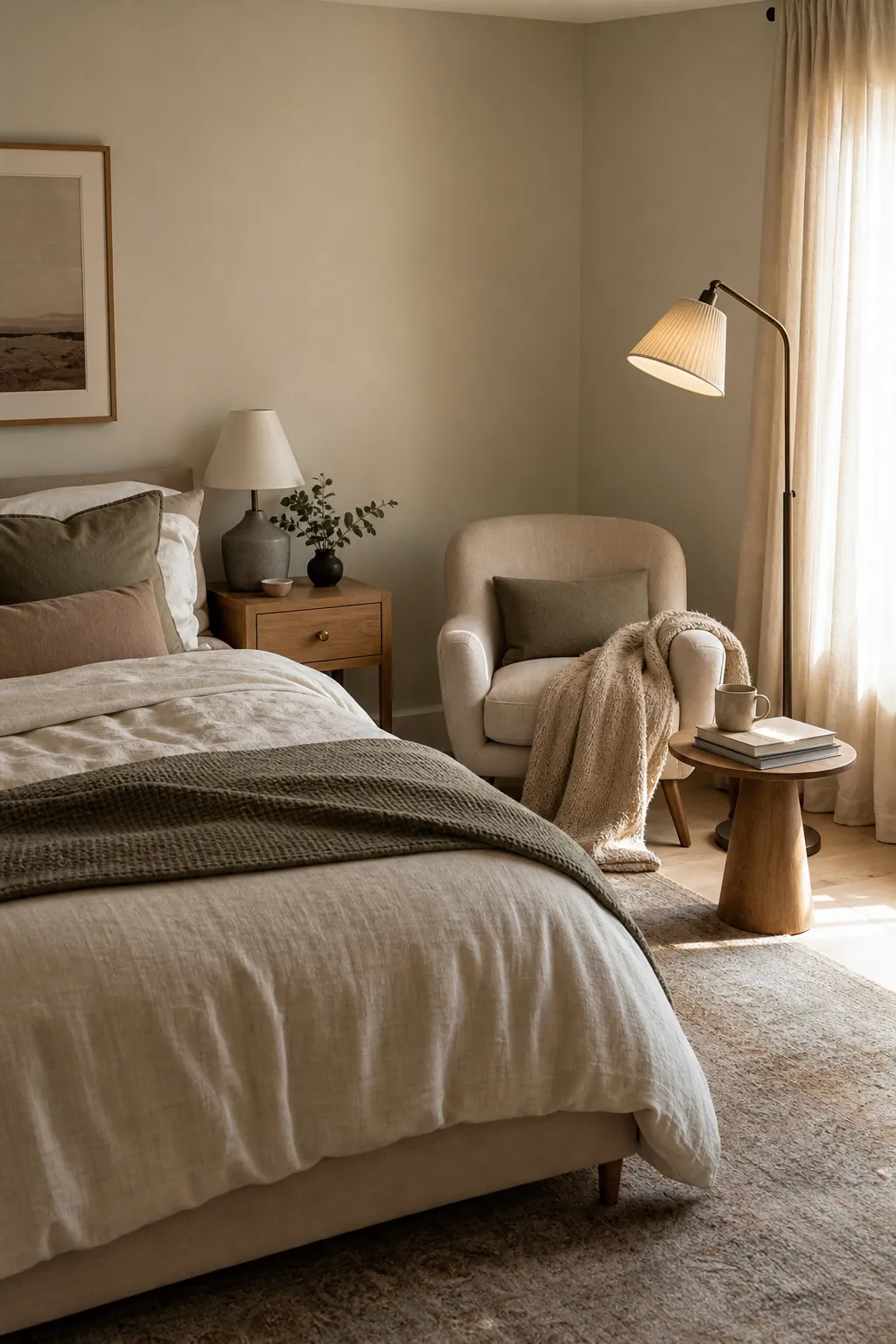 Couple bedroom with a cozy reading corner, accent chair, books, and soft lighting