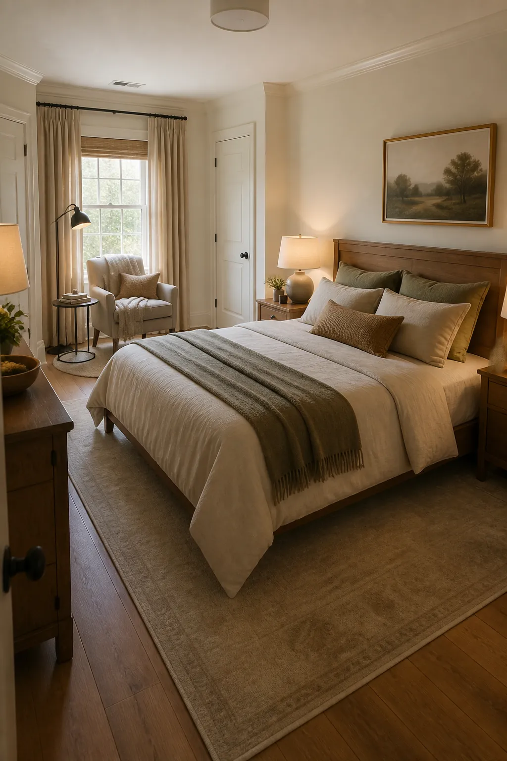Couple bedroom layout with a calm reading corner and open walking paths