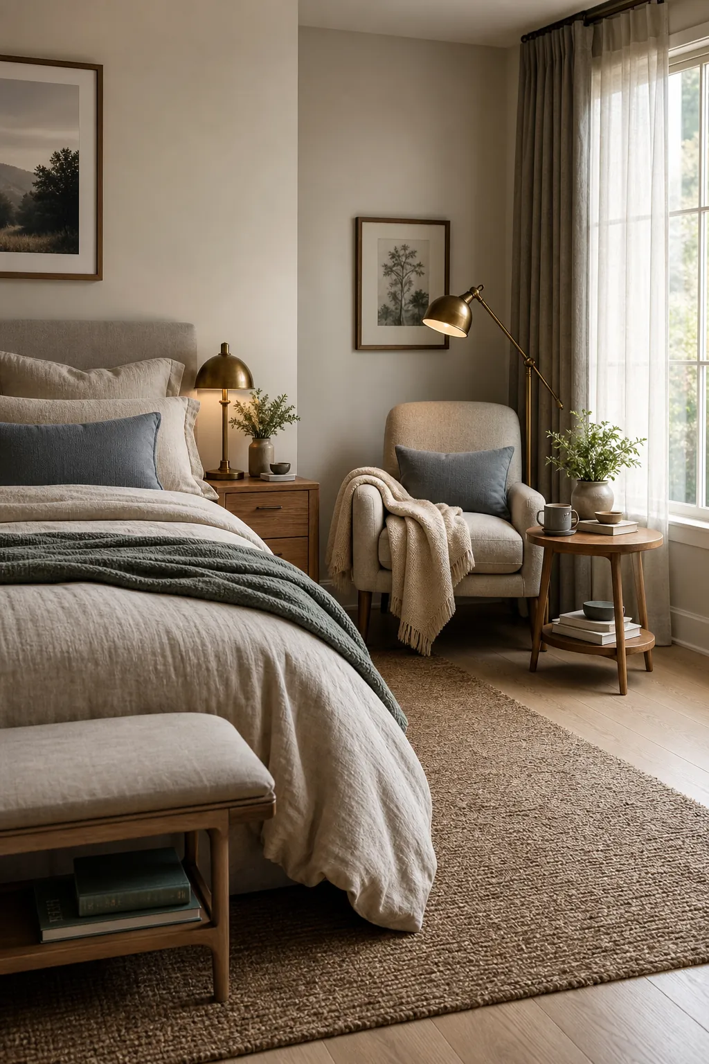 Shared bedroom reading corner by a window with soft neutral styling
