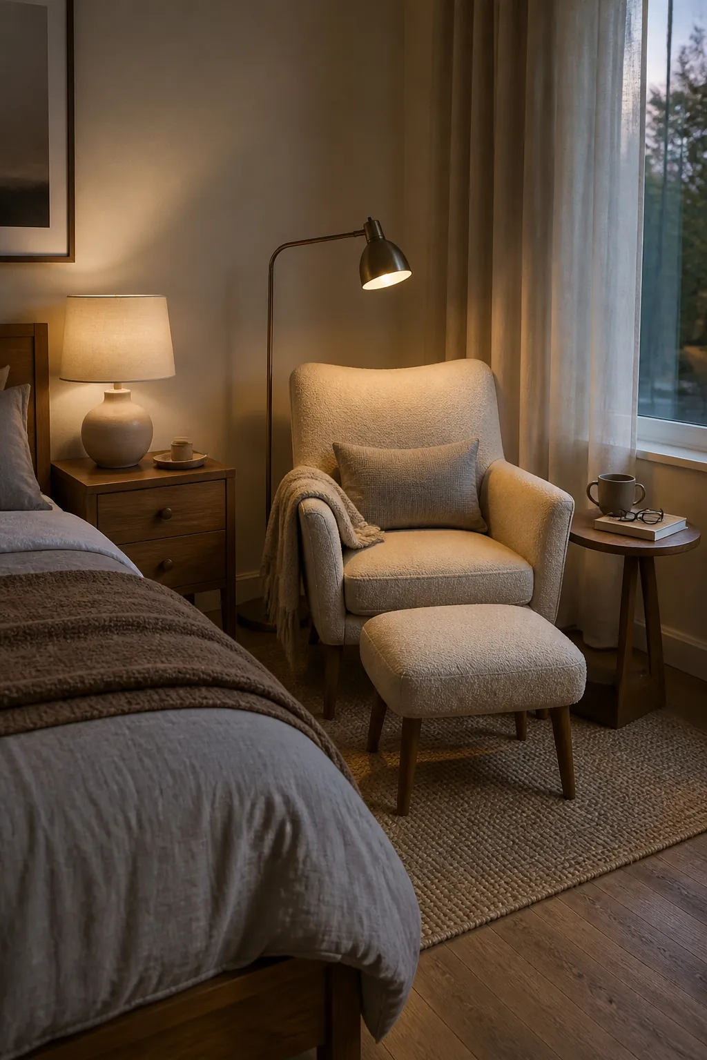 Compact accent chair and footrest for a cozy bedroom reading corner