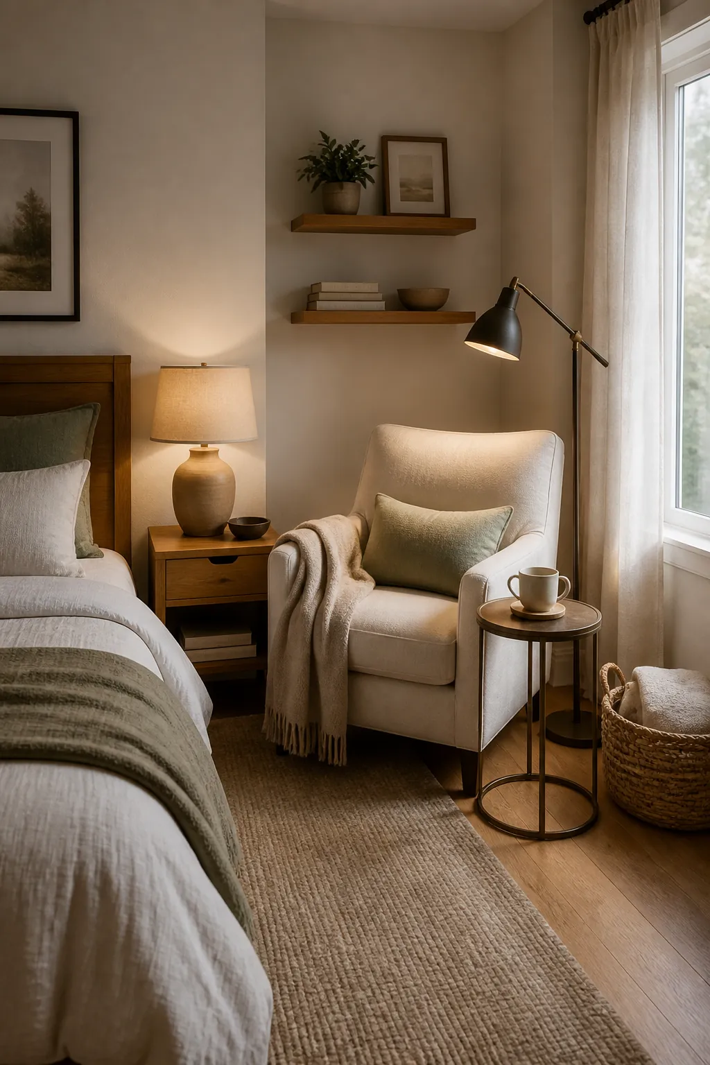 Bedroom book nook with side table shelves and tidy book storage