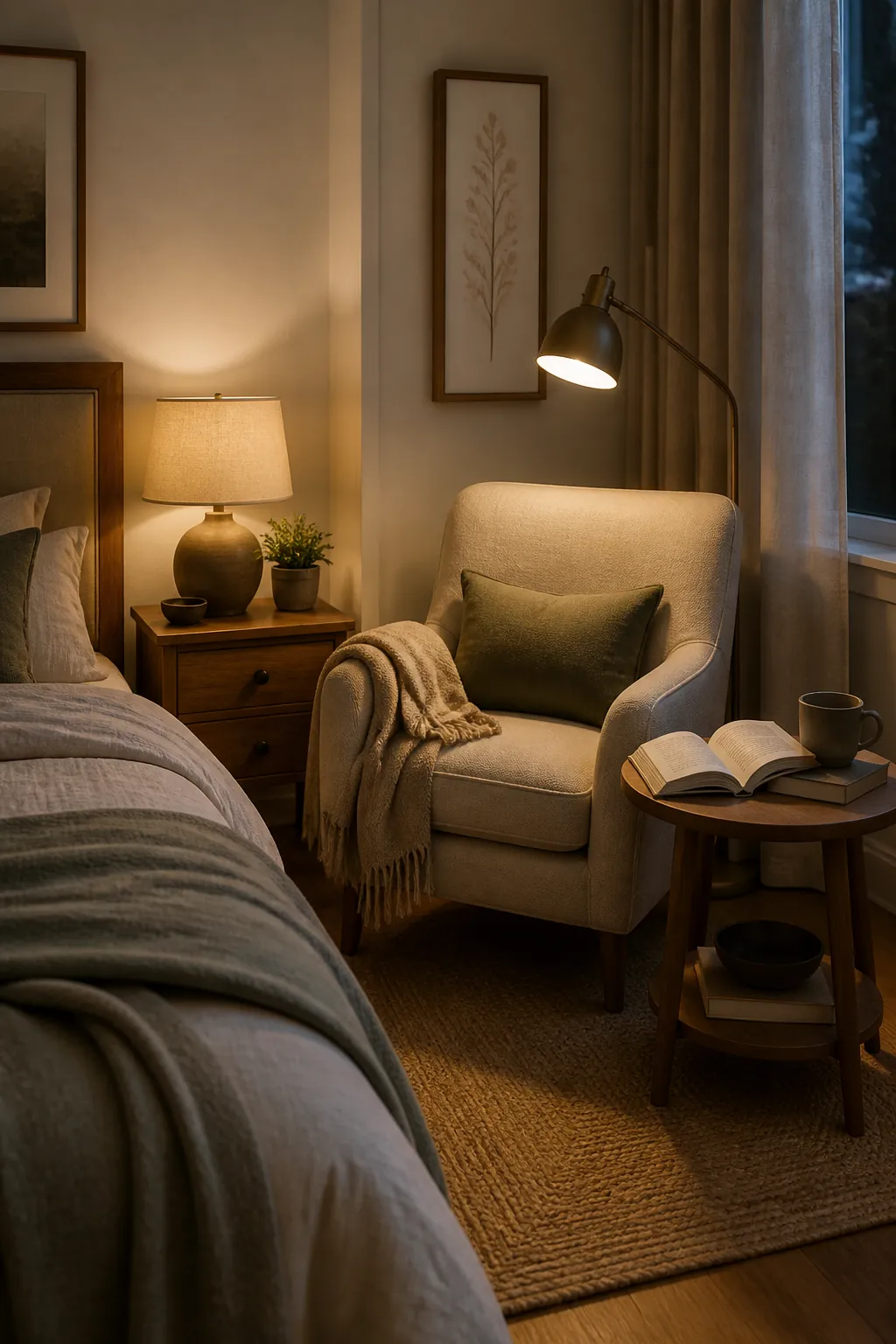 Finished cozy bedroom reading corner with chair throw lamp and books