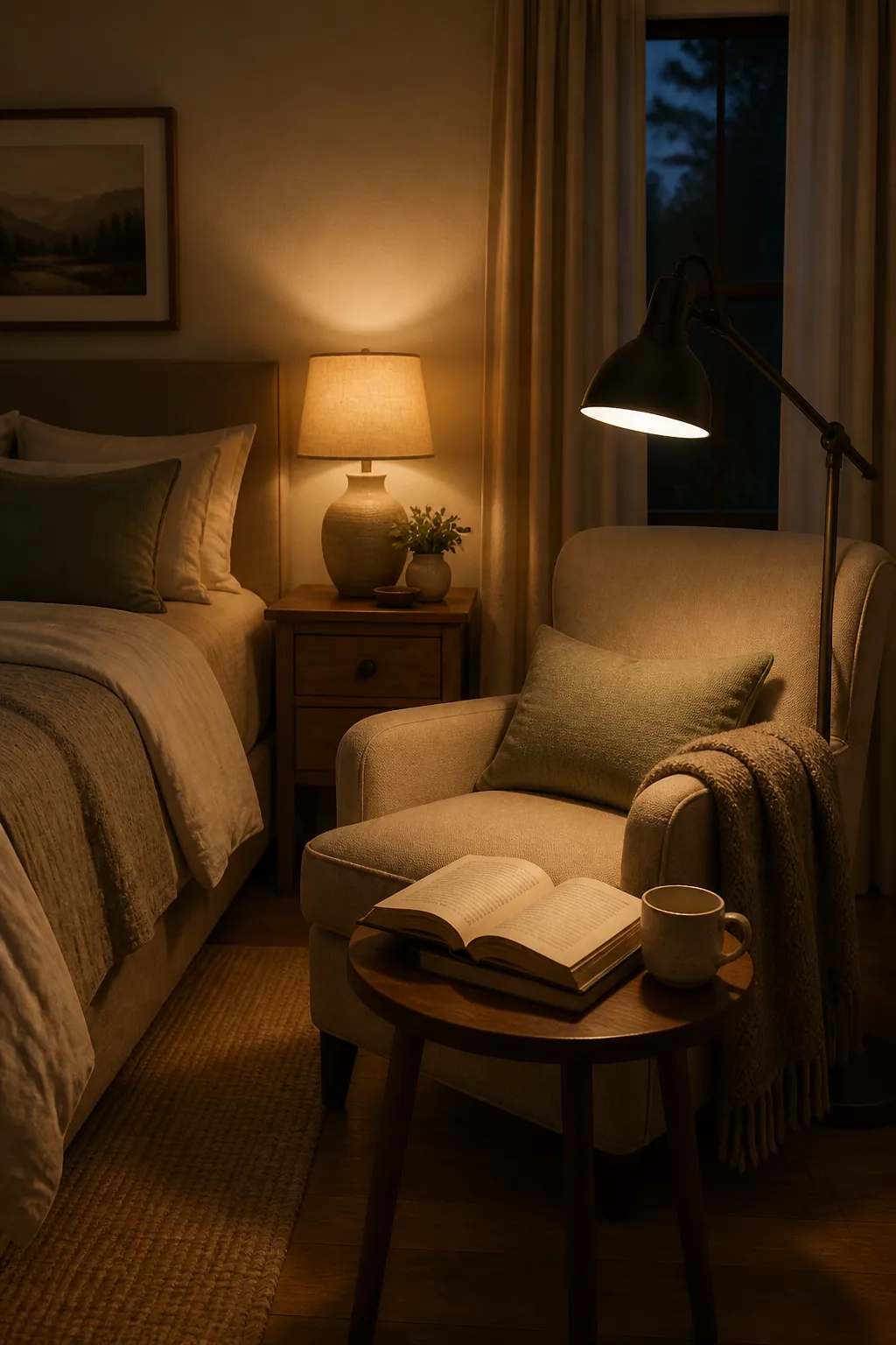 Warm layered lighting for a couple bedroom reading corner